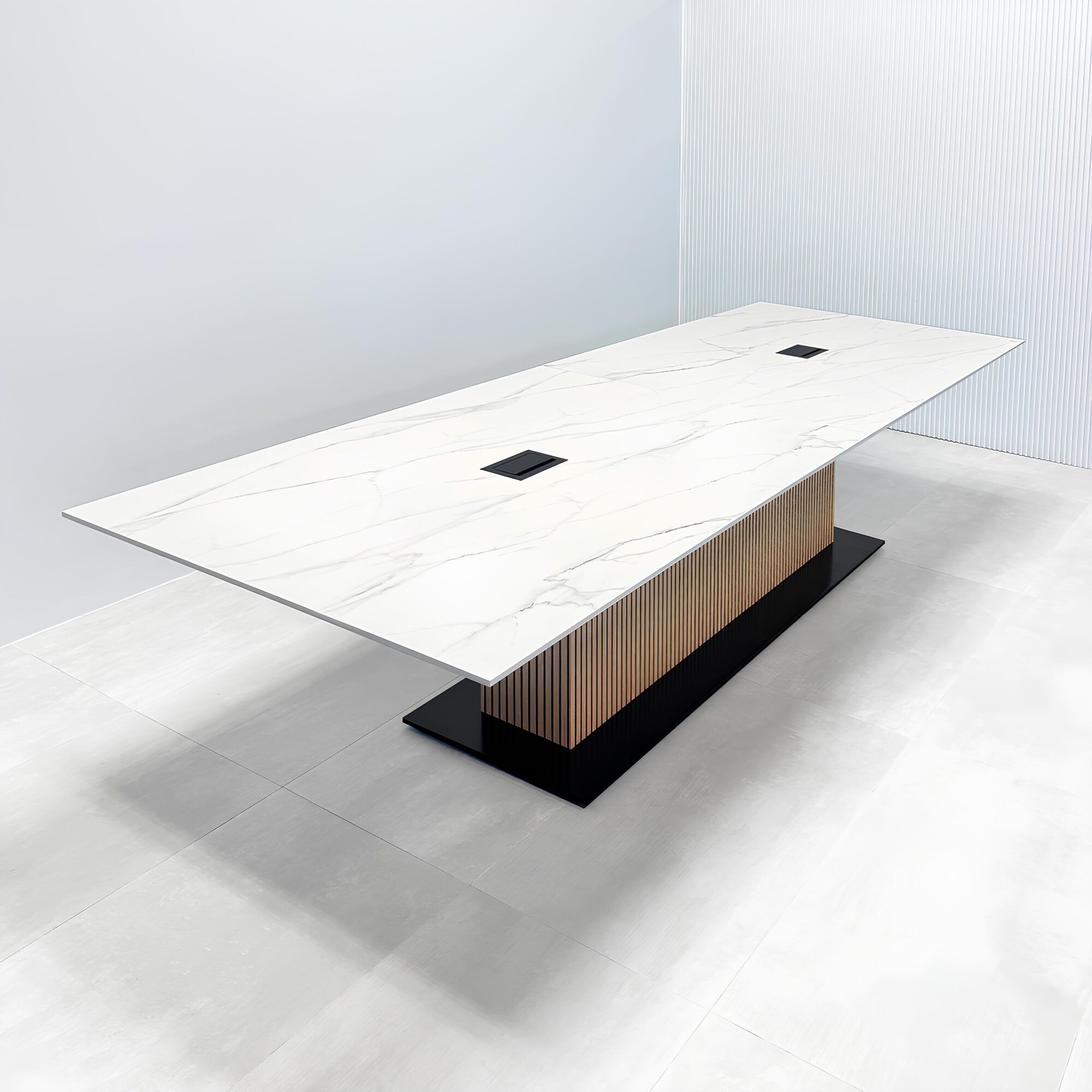 144-inch Aurora Rectangular Shape Conference Table with solenne marble engineered surface top, white oak tambour pedestal, metal powder coated in black, and MX3 power box in black.