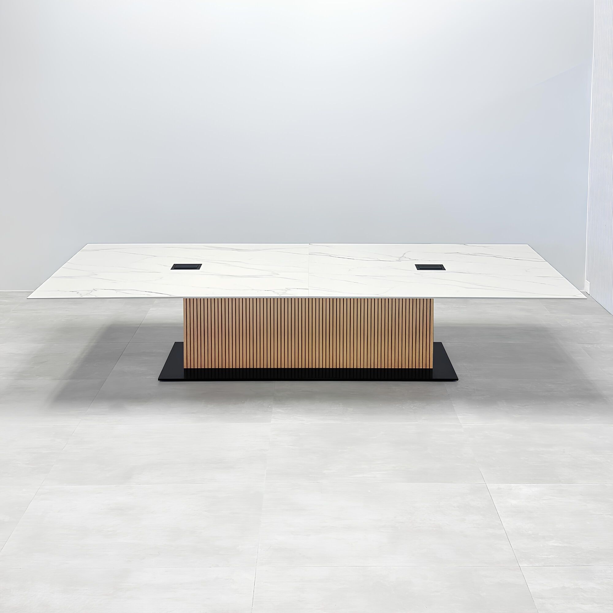 144-inch Aurora Rectangular Shape Conference Table with solenne marble engineered surface top, white oak tambour pedestal, metal powder coated in black, and MX3 power box in black.