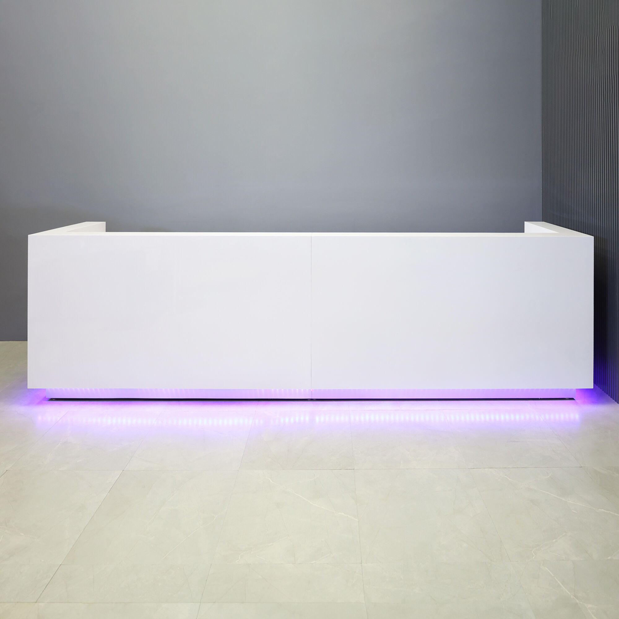 144-inch Dallas Large U-Shape Custom Reception Desk in white gloss laminate main desk, brushed aluminum toe-kick, and color changing LED.