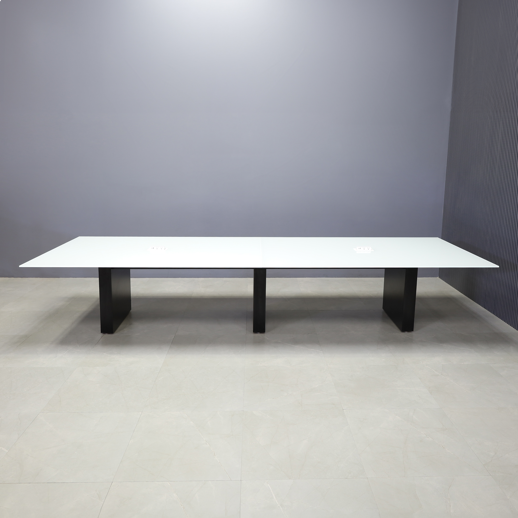 144-inch Omaha Rectangular Conference Table with white glass top, black matte laminate base, and 2 MX2 power boxes in white.