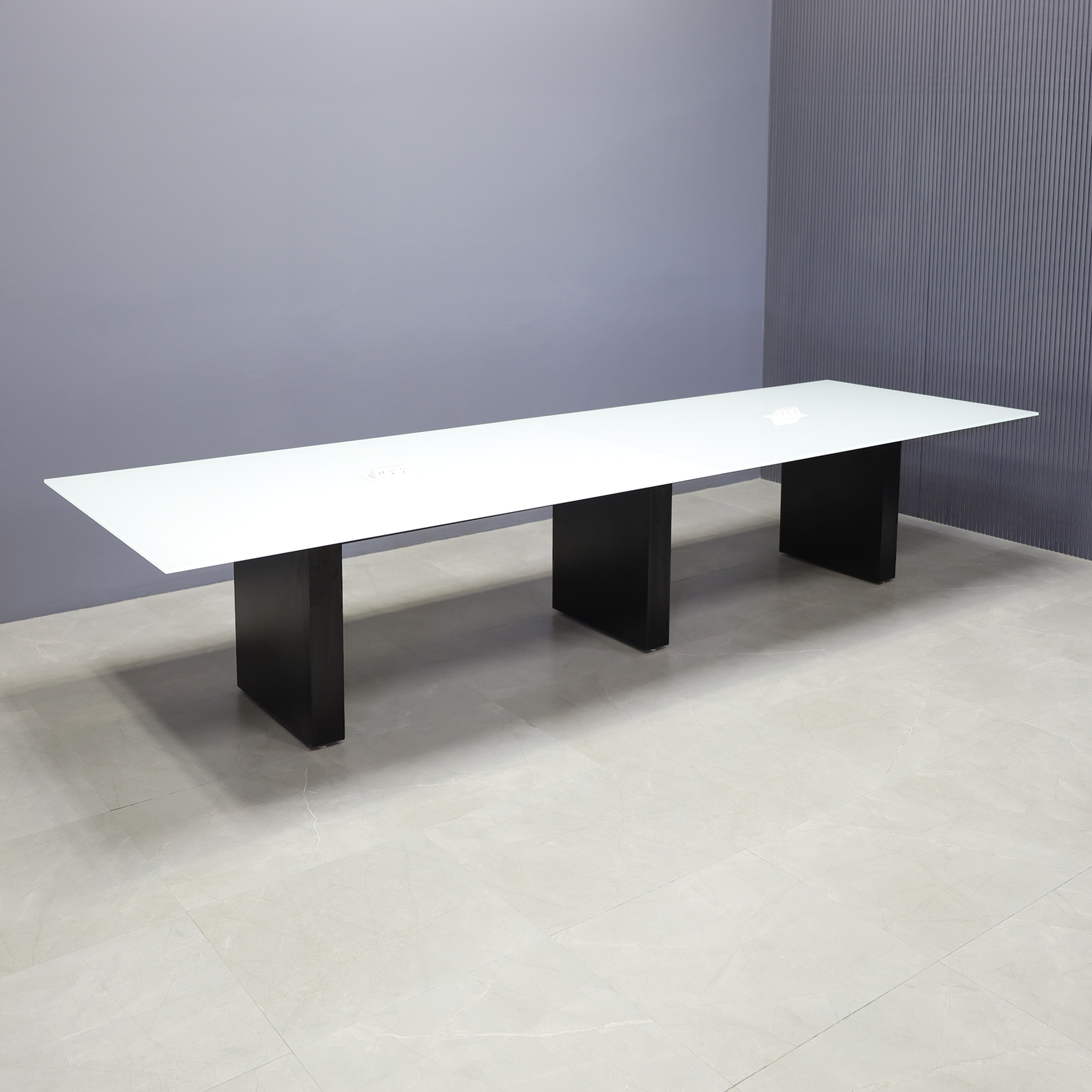 144-inch Omaha Rectangular Conference Table with white glass top, black matte laminate base, and 2 MX2 power boxes in white.