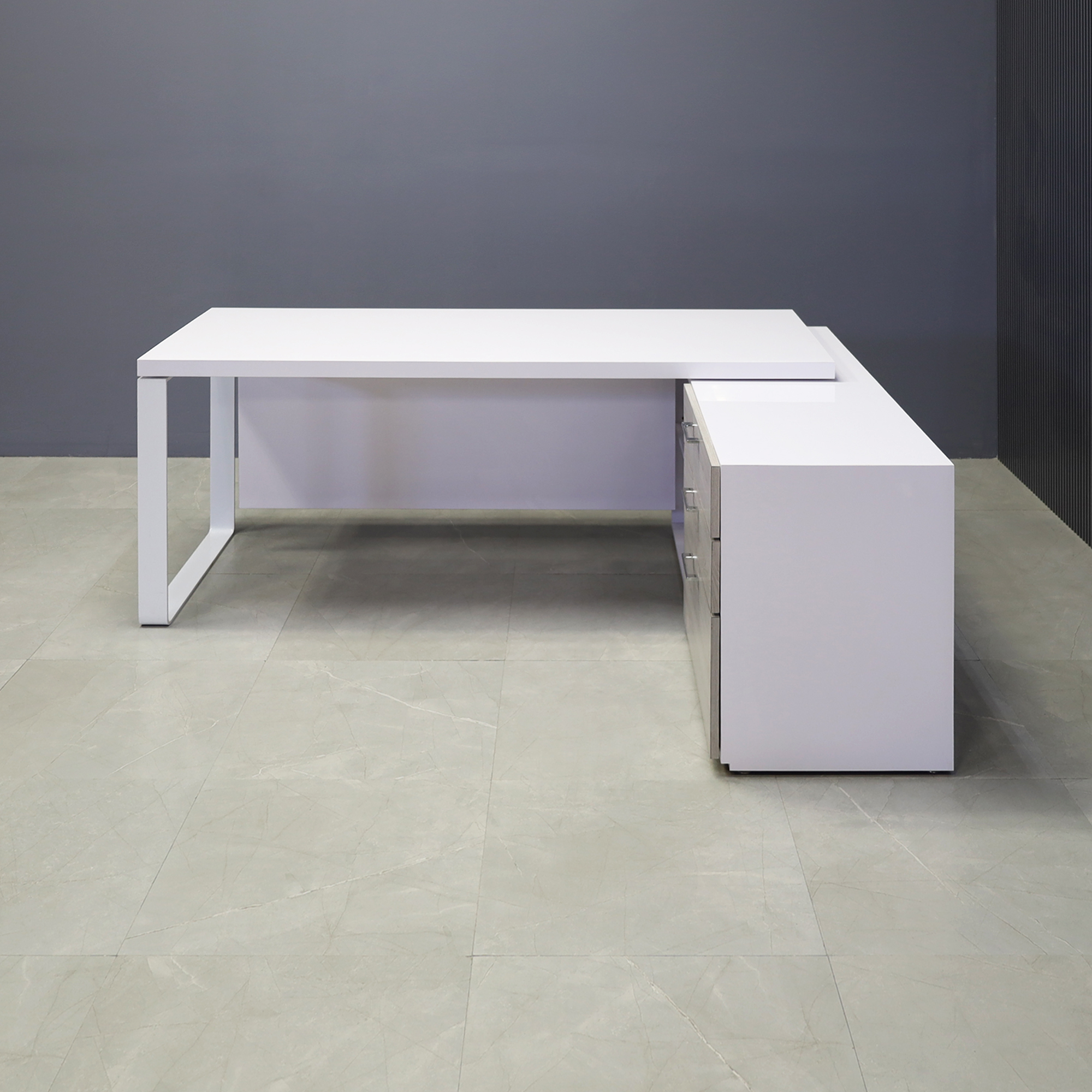 72-inch Aspen Executive Desk With Credenza in white gloss laminate top & credenza, greywood matte laminate privacy panel & front drawers, with white metal leg shown here.