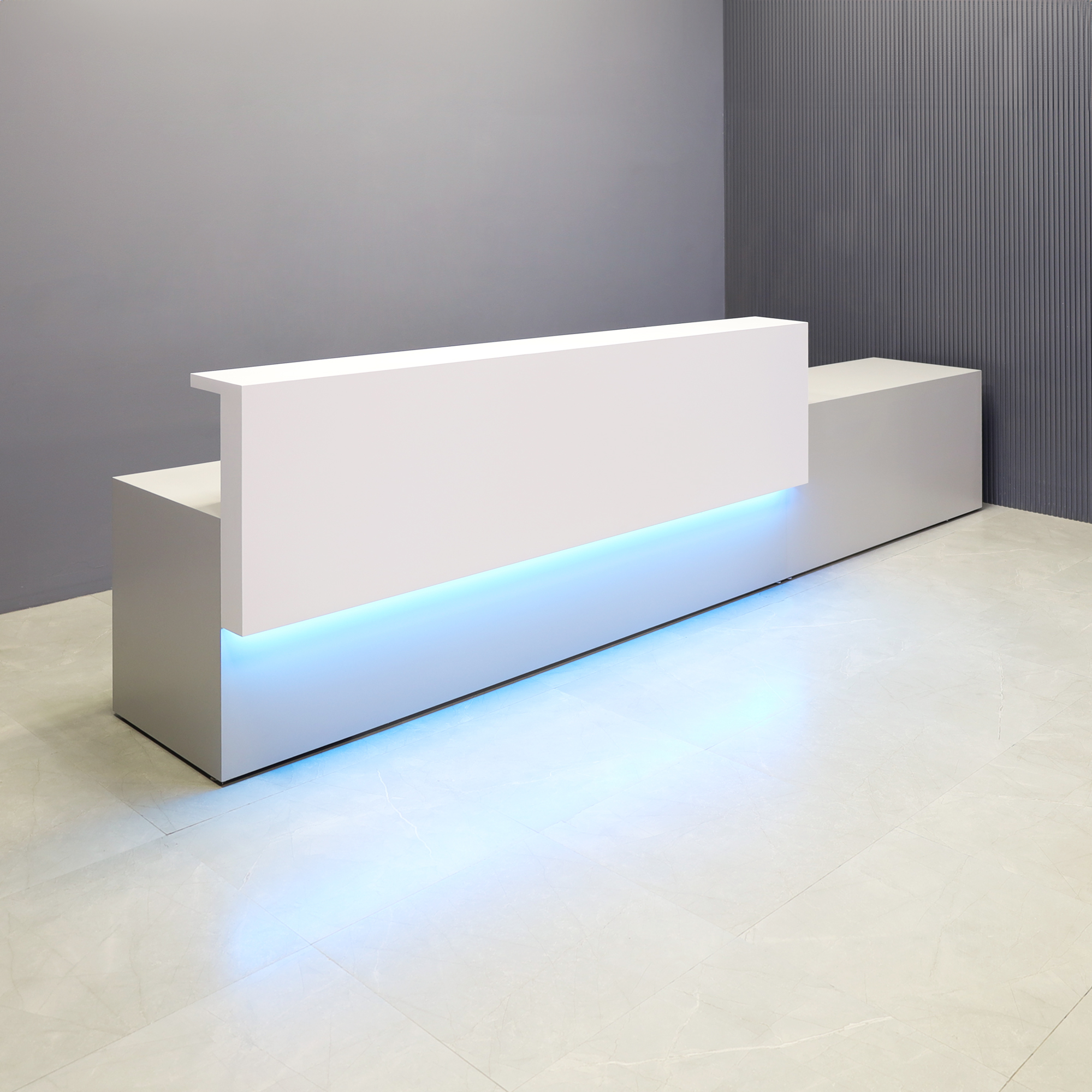Los Angeles Long and ADA Compliant Custom Reception Desk in white matte laminate counter, folkstone gray desk, with color LED shown here.