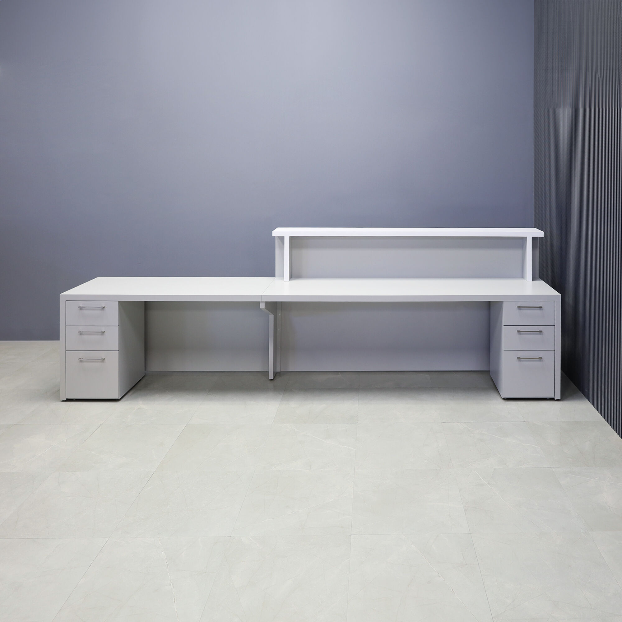 150-inch Los Angeles Long and ADA Compliant Custom Reception Desk with the counter on the left side when facing front in white matte laminate, folkstone gray matte laminate desk, and color changing LED. Built-in storage on both sides when sitting.