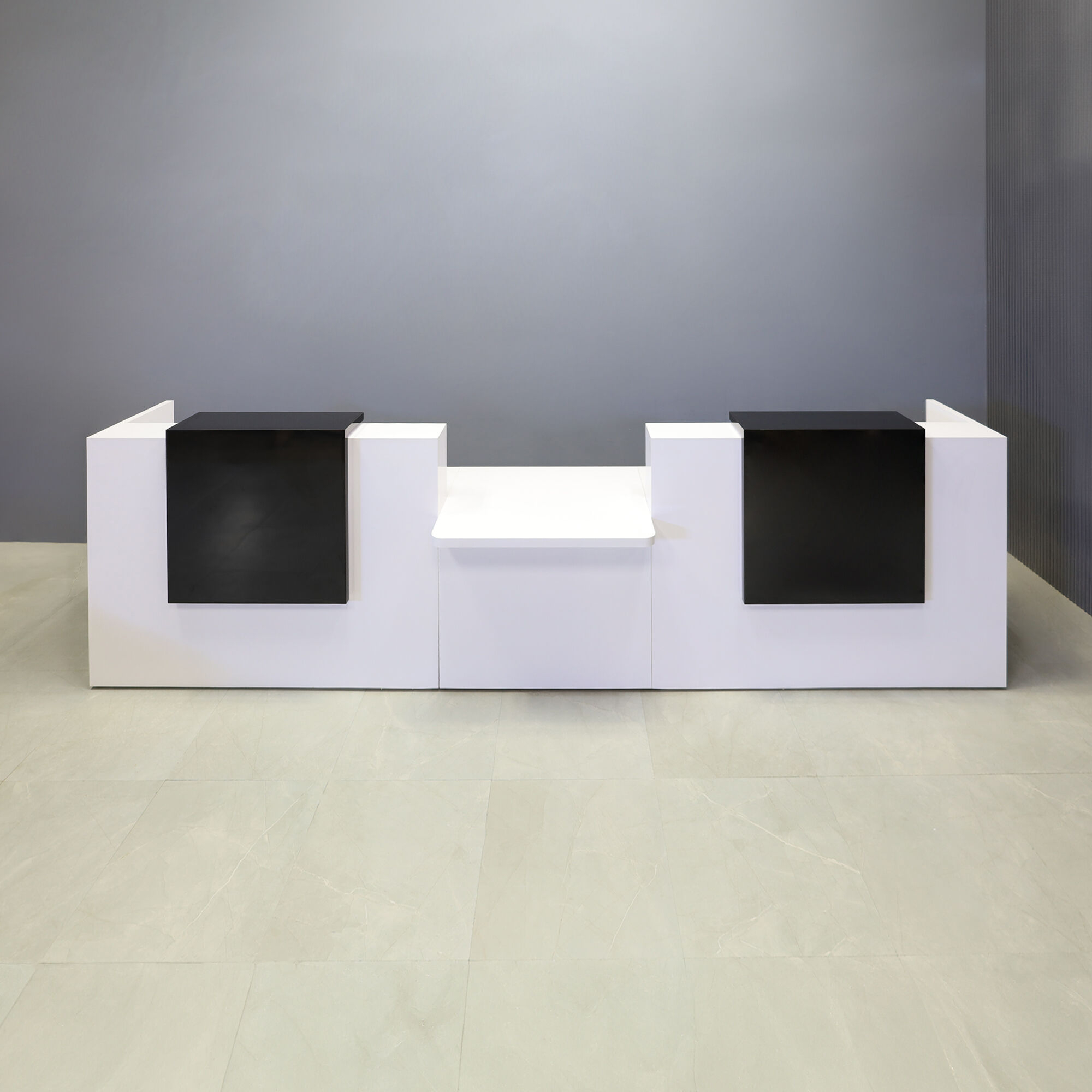 154-inch Chicago Double Counter and ADA Compliant Custom Reception Desk in black gloss laminate counters, and white gloss laminate desks.
