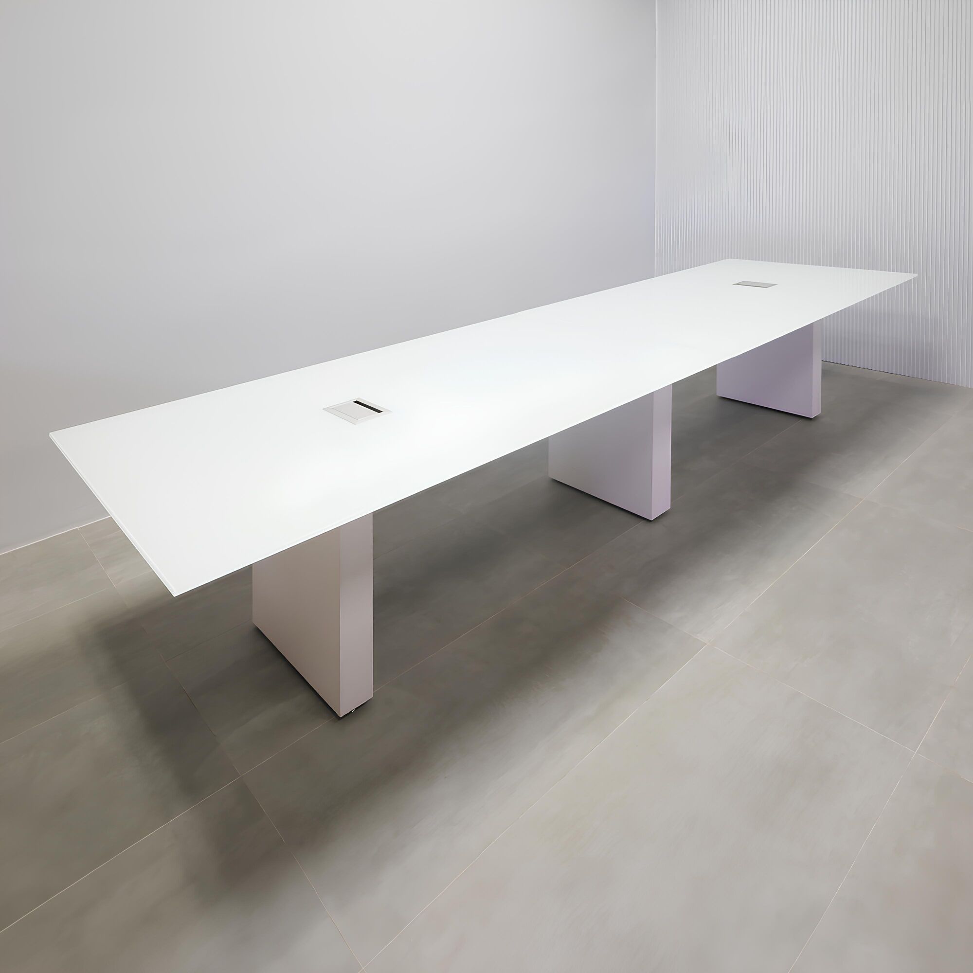 156-inch Omaha Rectangular Conference Table with White Tempered Glass Top, White Matte Laminate Base, and silver Mx3 power box.