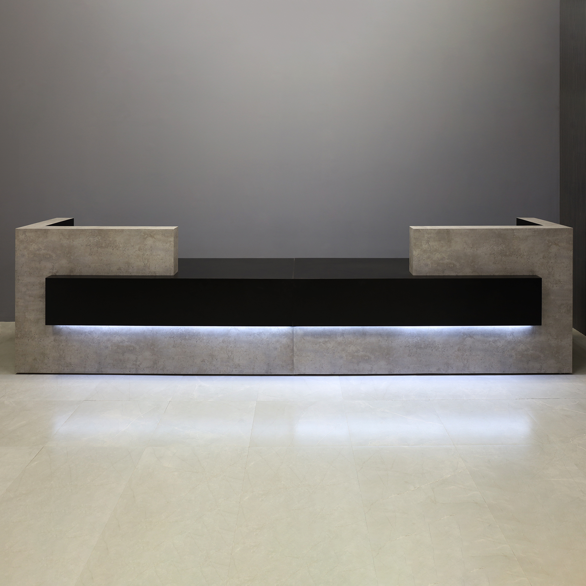 168-inch Atlanta Double Reception Desk with Industrial Concrete stone laminate counter. Black matte laminate desk, and White LED. 
