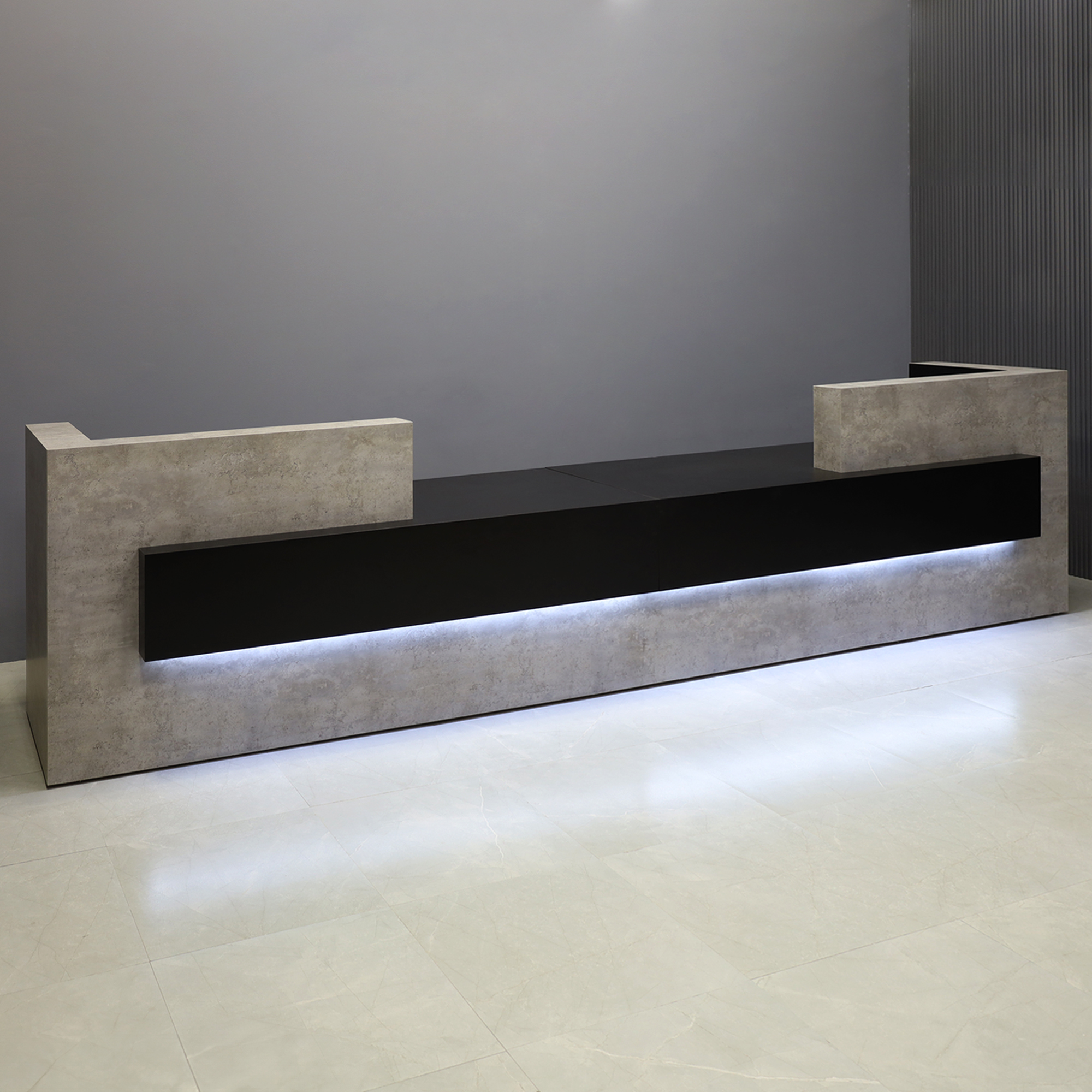 168-inch Atlanta Double Reception Desk with Industrial Concrete stone laminate counter. Black matte laminate desk, and White LED.