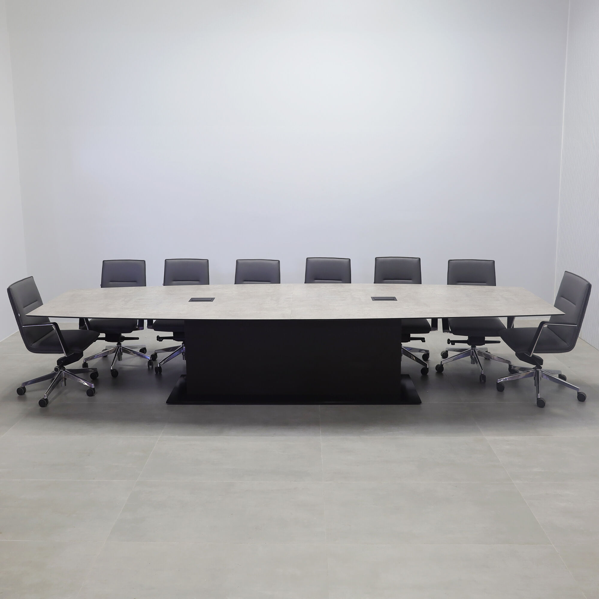 168-inches Newton Boat Shape Conference Table with industrial concrete engineered surface top, white gloss laminate pedestal, white metal base, and 2 Mx2 power boxes.
