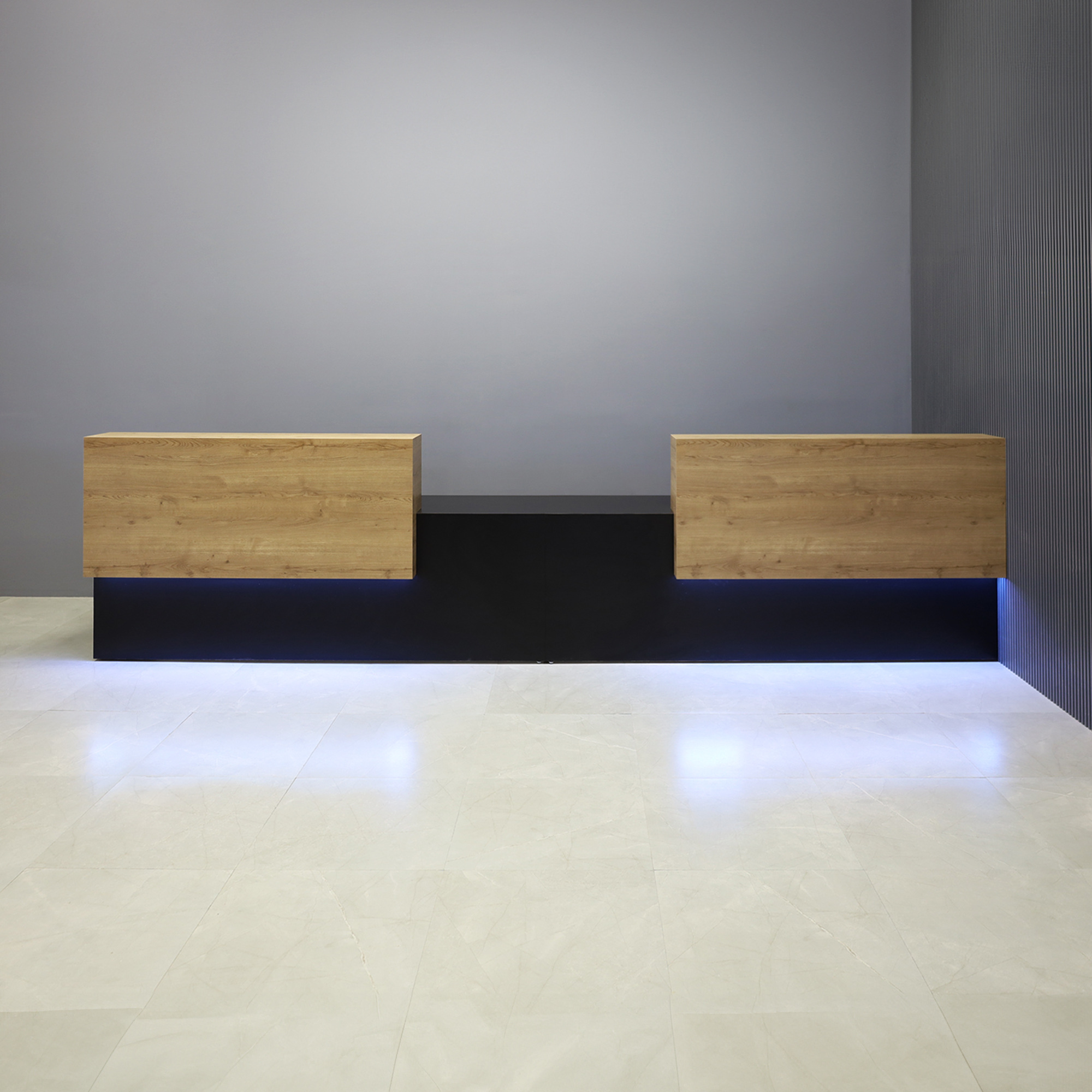 168-inch Los Angeles Double Counter ADA Compliant Custom Reception Desk in planked urban oak counters, black matte laminate desk, and color changing LED.