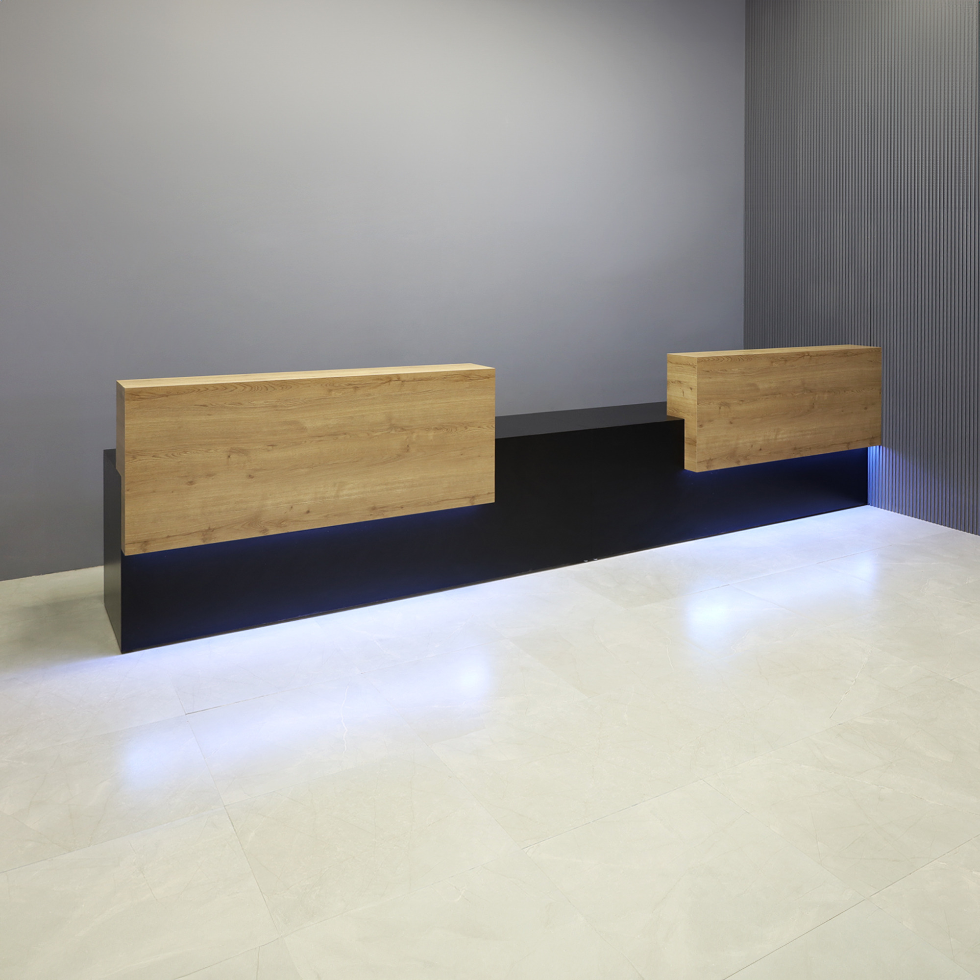168-inch Los Angeles Double Counter Custom Reception Desk in planked urban oak matte laminate counters and black matte laminate desks, with color LED, shown here.