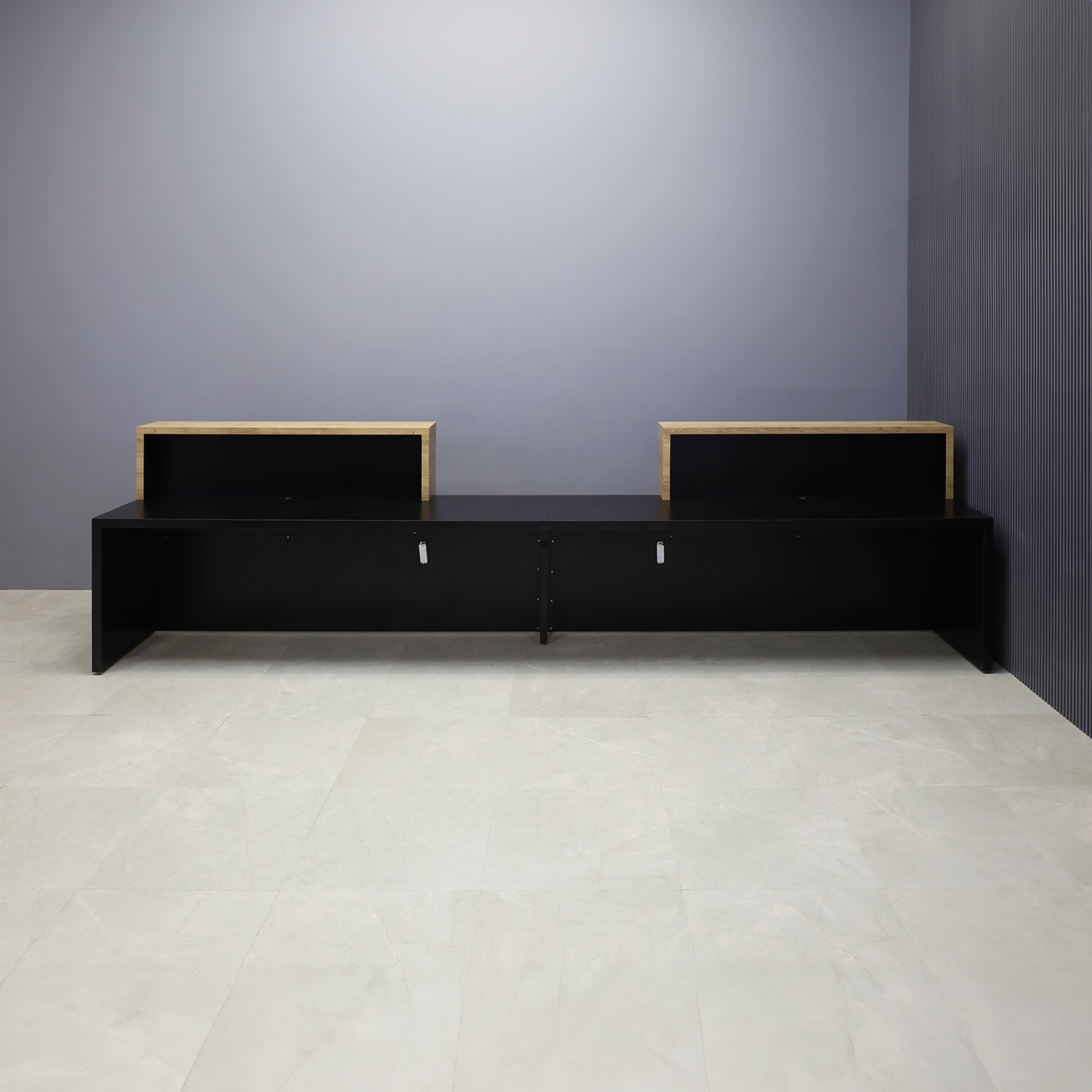 168-inch Los Angeles Double Counter ADA Compliant Custom Reception Desk in planked urban oak counters black matte laminate desk, with color LED shown here.
