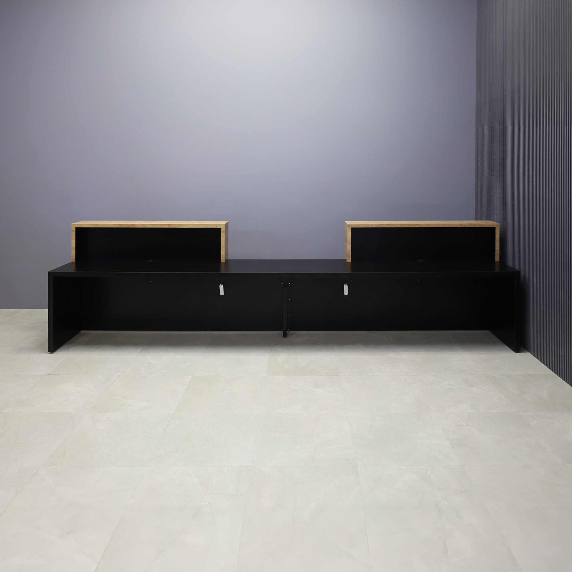 168-inch Los Angeles Double Counter ADA Compliant Custom Reception Desk in planked urban oak counters, black matte laminate desk, and color changing LED.