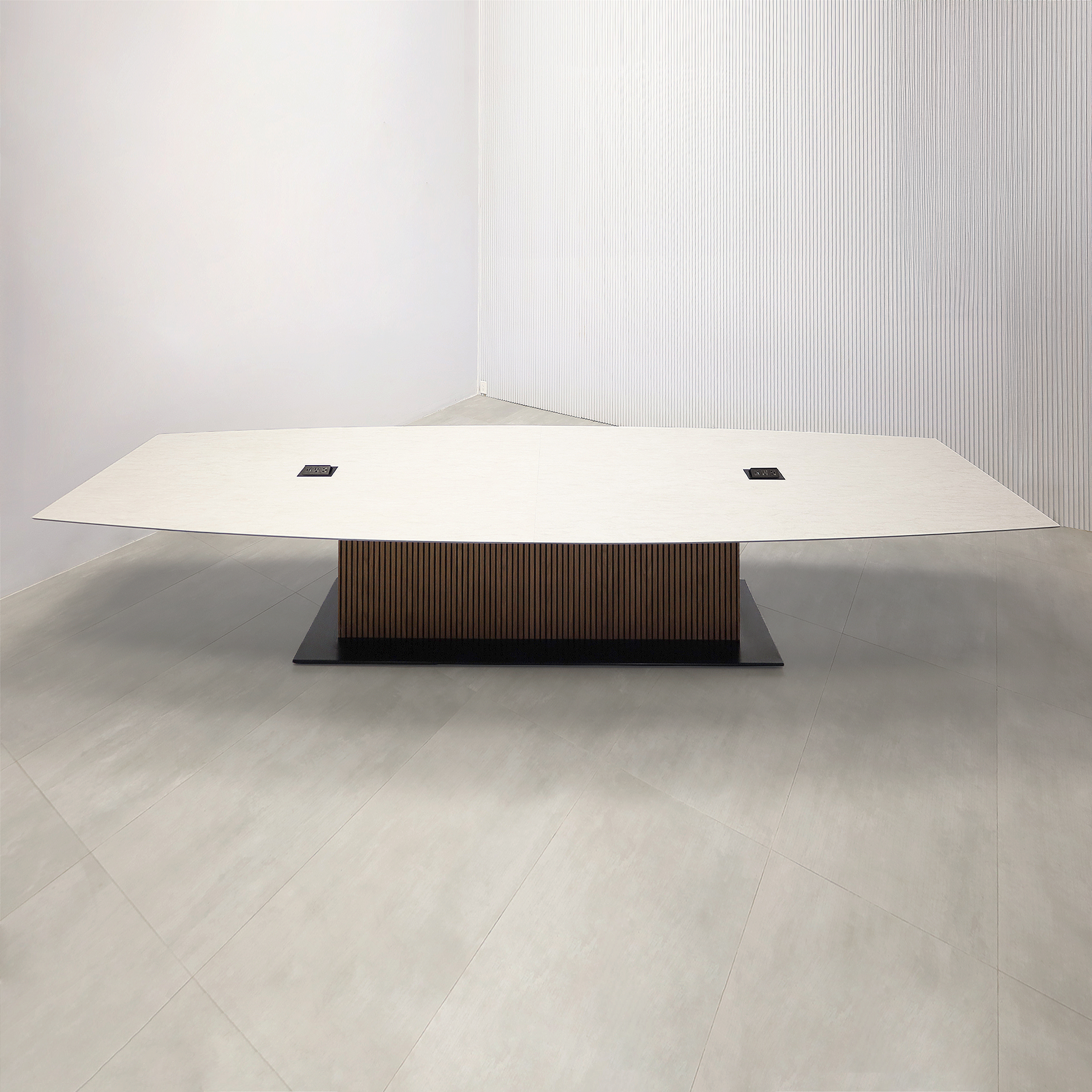 168-inch Aurora Boat Conference Table with Spanish Limestone engineered surface top, walnut tambour & black background pedestal, metal powder-coated black base, and 2 Mx2 power boxes. 