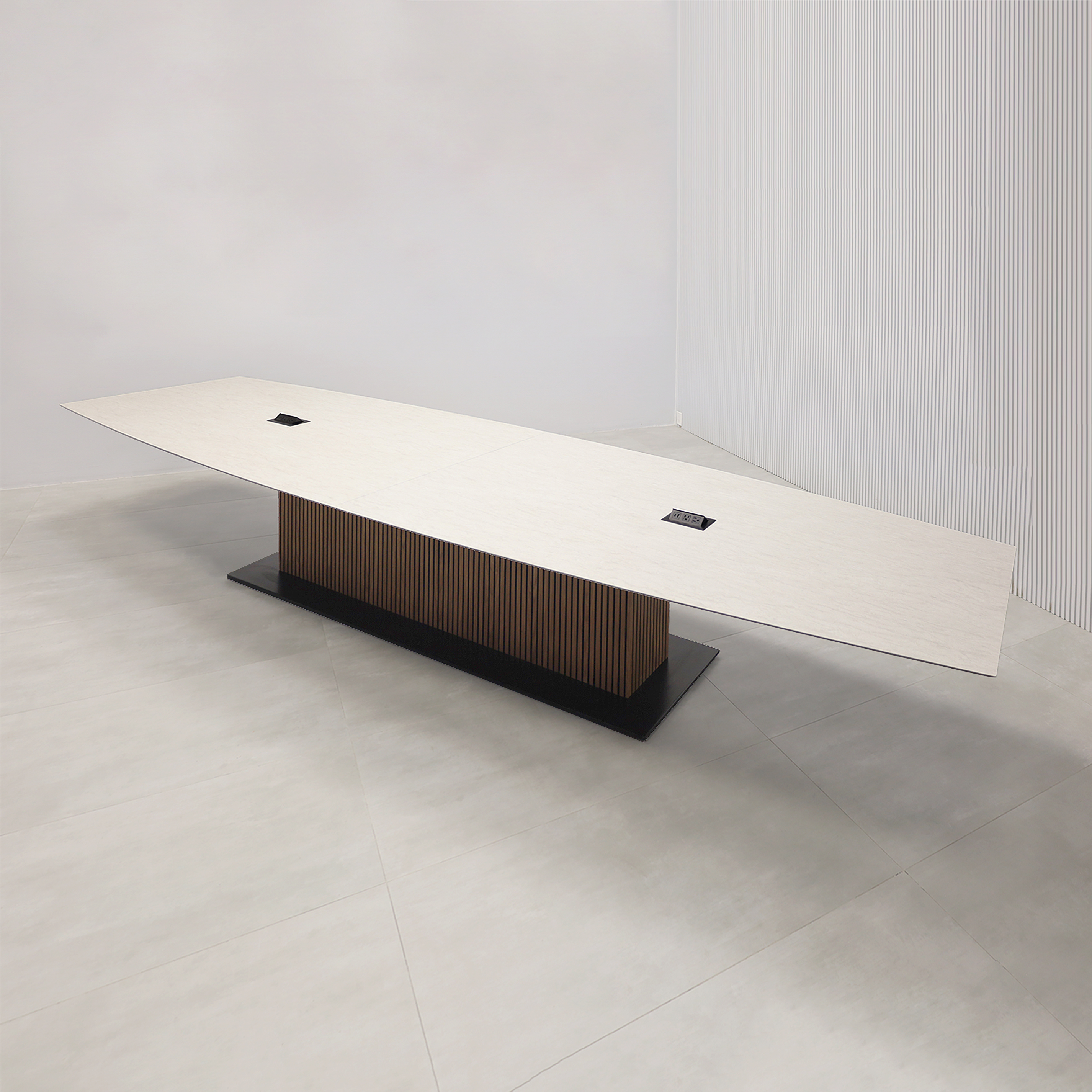 168-inch Aurora Boat Conference Table with Spanish Limestone engineered surface top, walnut tambour & black background pedestal, metal powder-coated black base, and 2 Mx2 power boxes. 