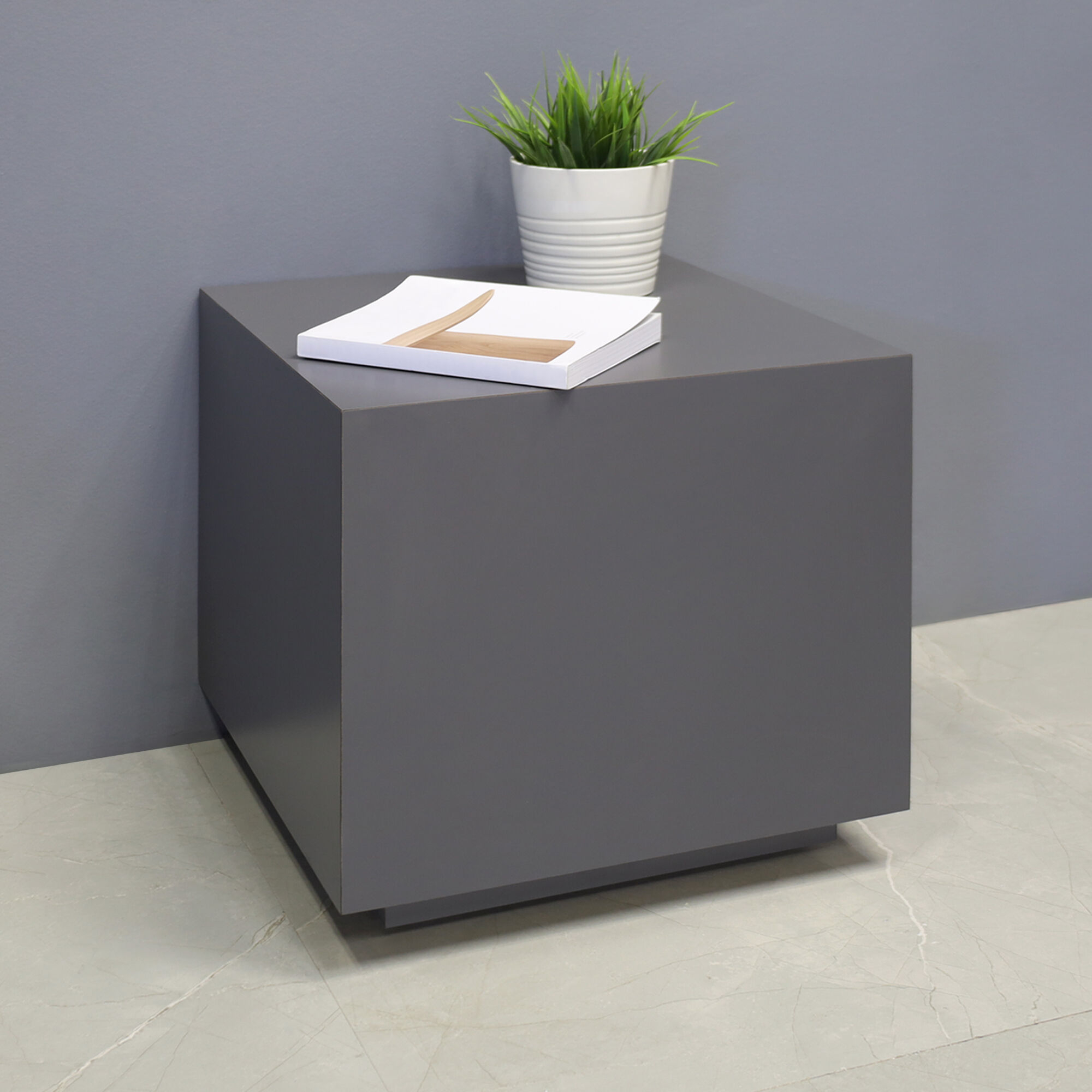 16-inch Norfolk Custom Square Side Table in storm gray matte laminate top, and side table.