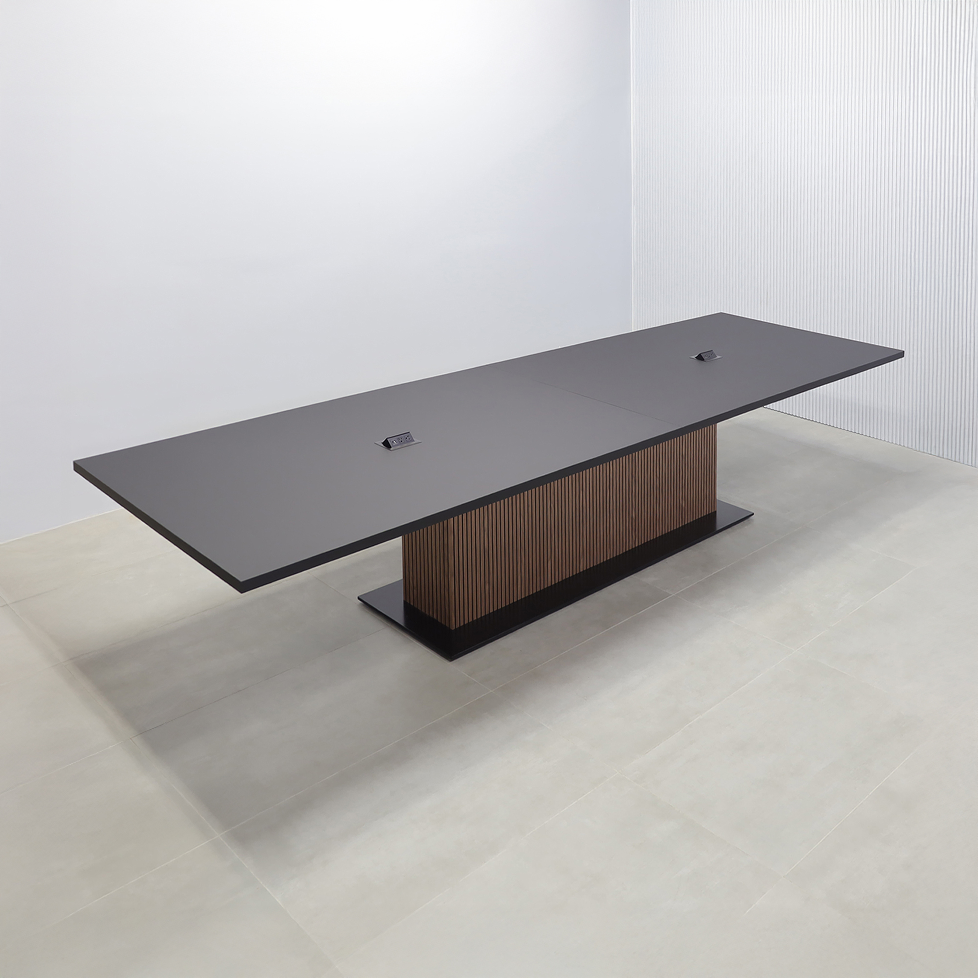 180-inch Newton Rectangular Conference Table with black traceless laminate top, walnut & black background tambour pedestal, black Powder Coated  X3 base, and 2 black MX2 power boxes.