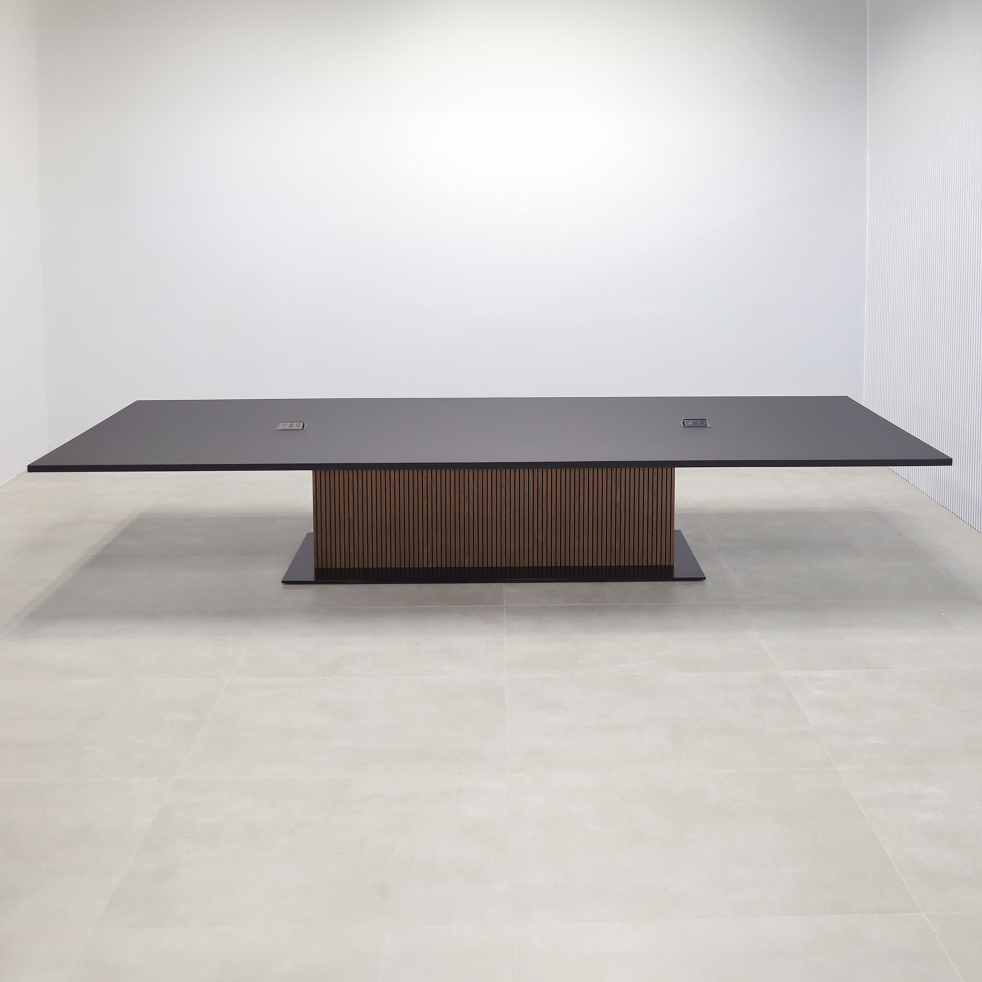 180-inch Newton Rectangular Conference Table with black traceless laminate top, walnut & black background tambour pedestal, black stainless steel California X3 base, and 2 black MX2 power boxes.