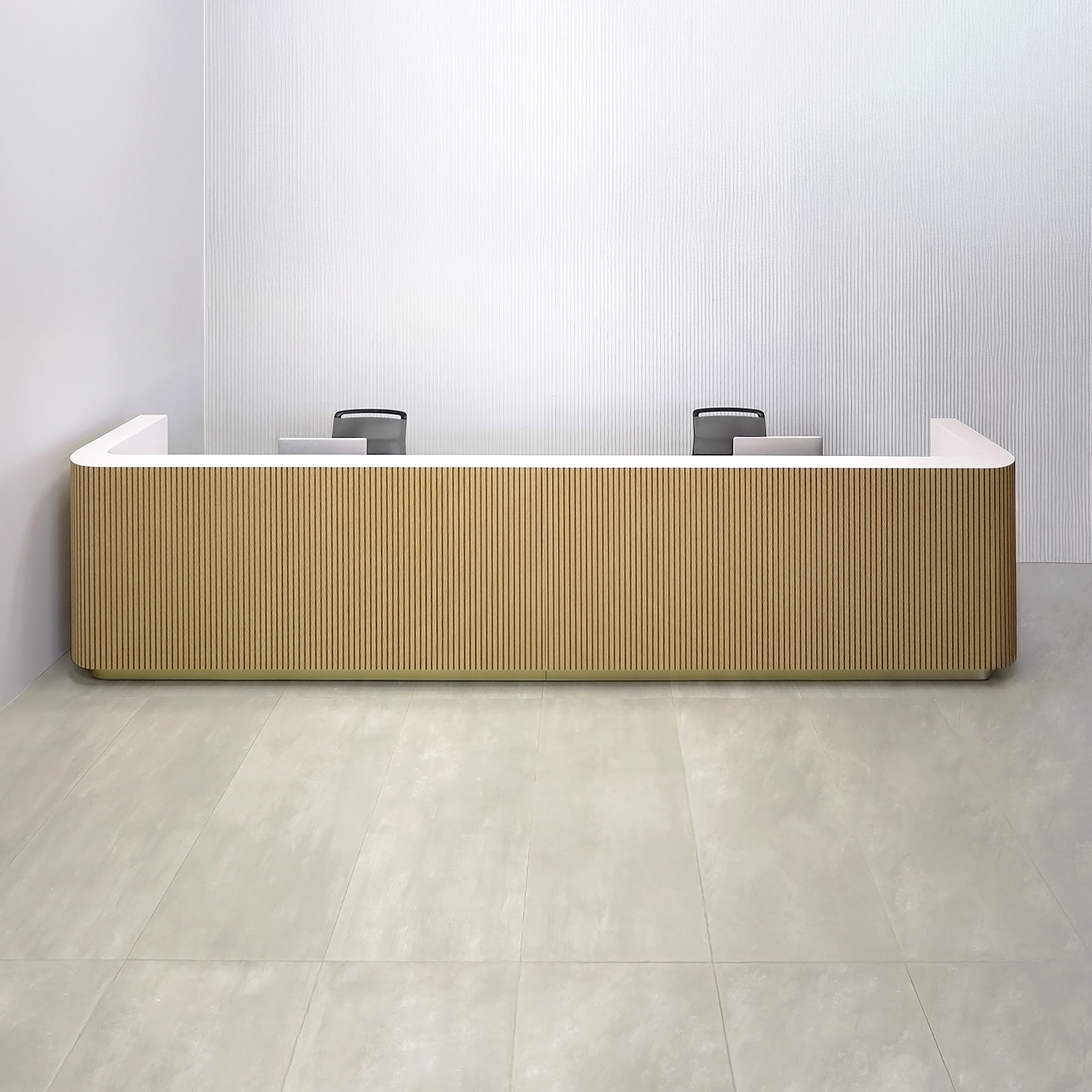 180-inch Nola Extra Large Reception Desk with White Oak tambour desk front, White matte laminate workspace, Gold Aluminum toe-kick, and Warm White LED.