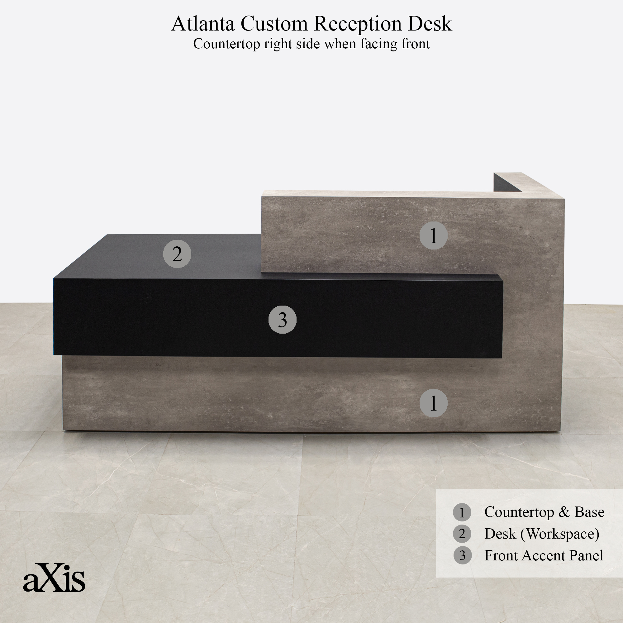 Atlanta Custom Reception Desk in concrete laminate countertop & base, black traceless laminate front accent and workspace, with white LED shown here.