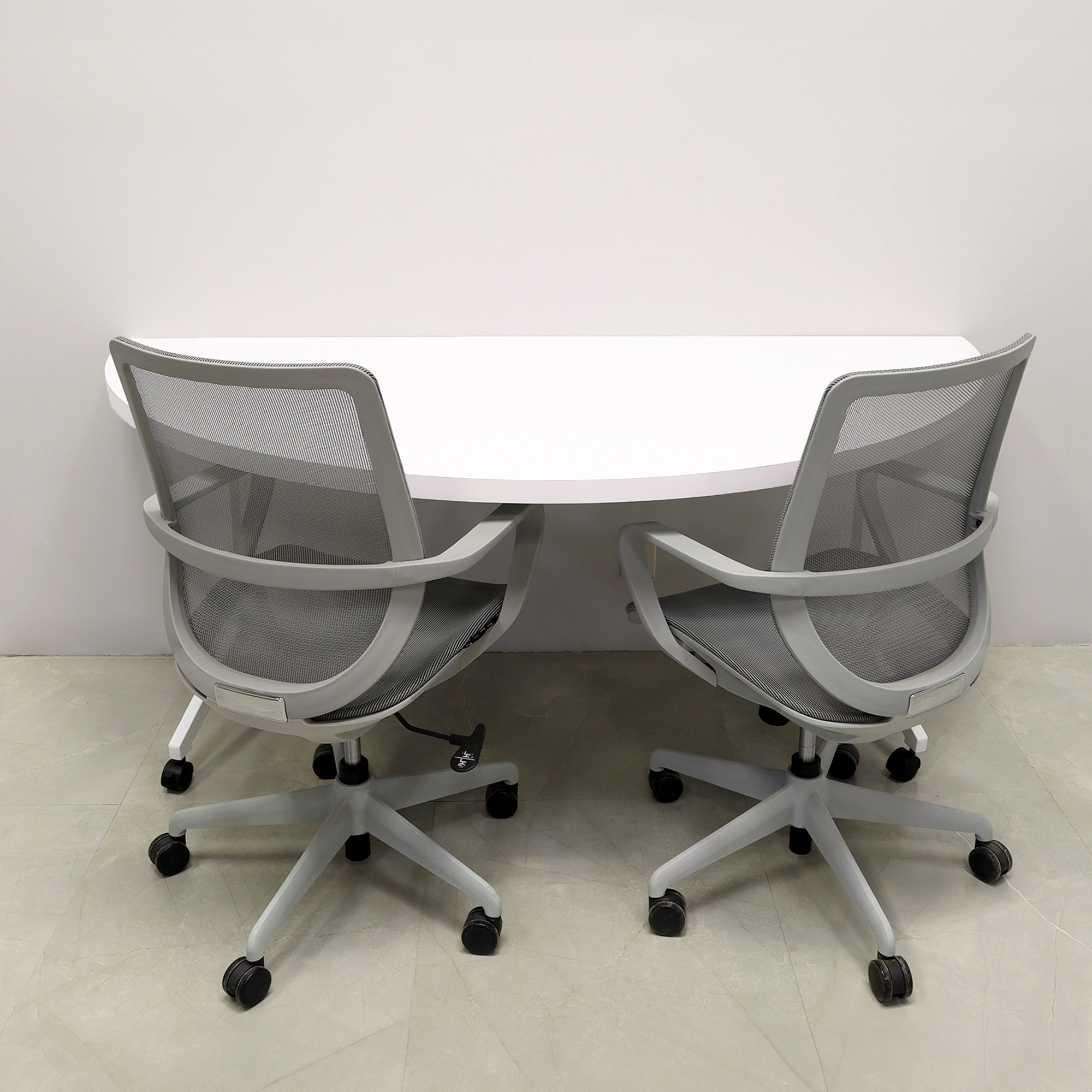 72-inch Westin Half Moon Training Table in white matte laminate top and white metal frame shown here.