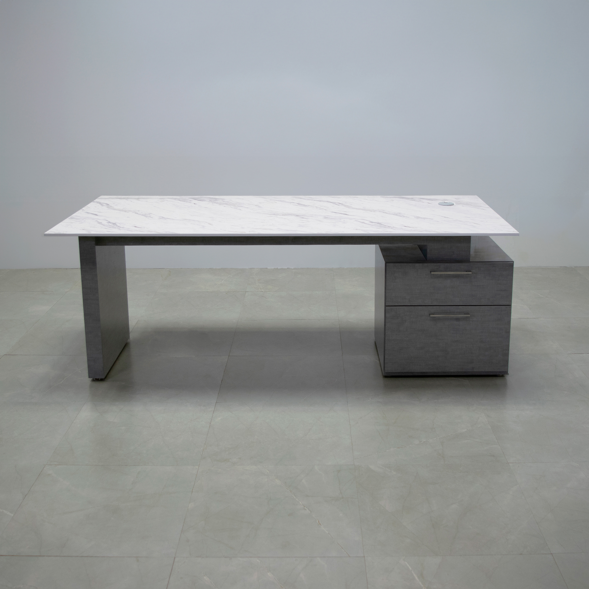 Avenue Straight Executive Desk With Engineered Surface Top, right side storage when sitting in calcutta blanc top and silver alchemy laminate base and storage shown here.