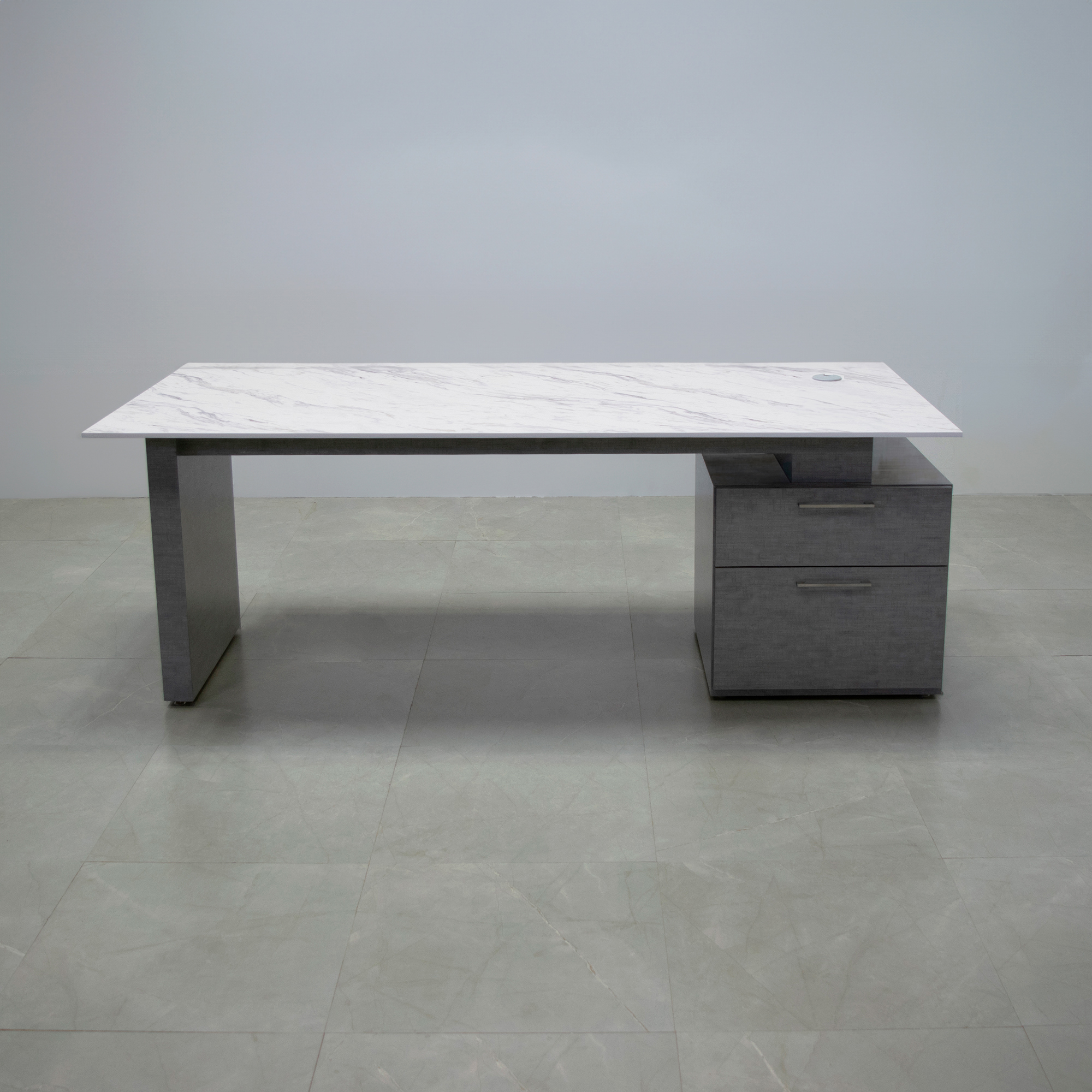 Avenue Straight Executive Desk With Engineered Stone Top, right side storage when sitting in calcutta blanc top and silver alchemy laminate base and storage shown here.