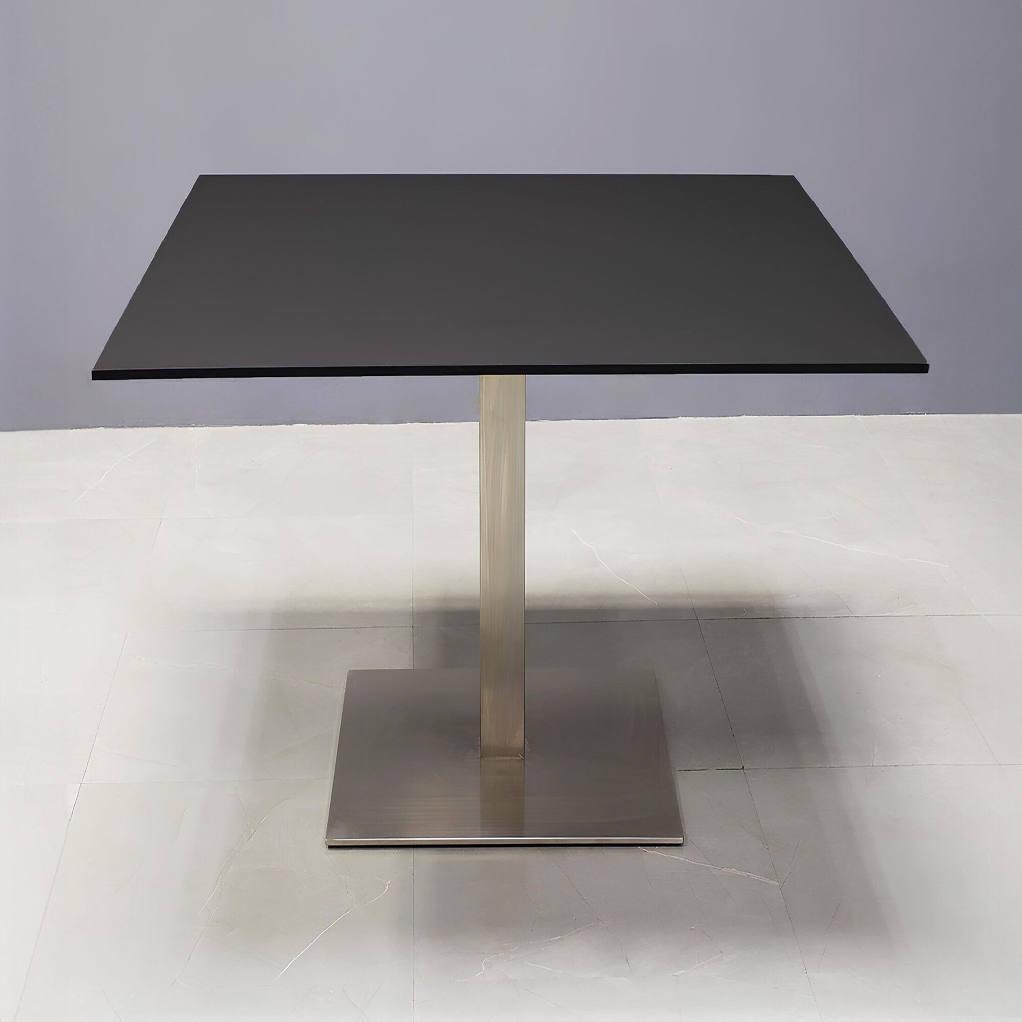 46-inch California Square Conference Table with 1/2-inch Black traceless engineered surface top and silver metal powder-coated base.