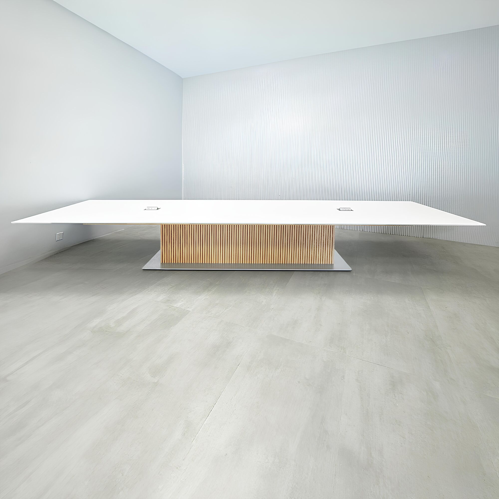 180-inch Aurora Rectangular Conference table with X3 Base with white solid engineered surface top, white oak tambour pedestal, metal powder-coated silver base, and silver MX3 power box.