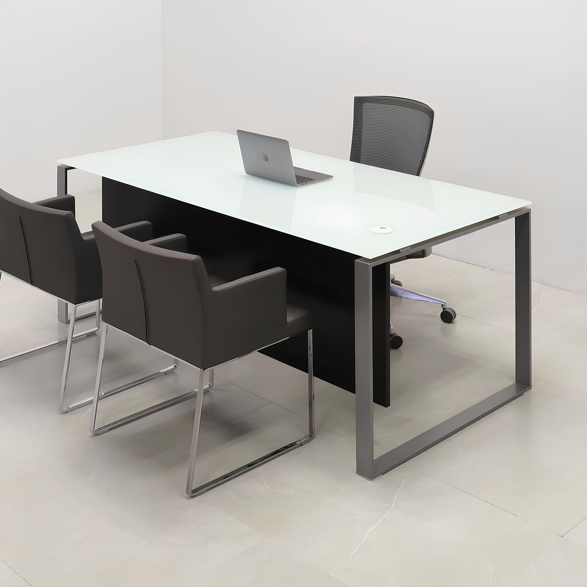 Aspen Straight Executive Desk With Tempered Glass Top in white top, black traceless laminate privacy panel and silver metal legs, sitting view shown here.