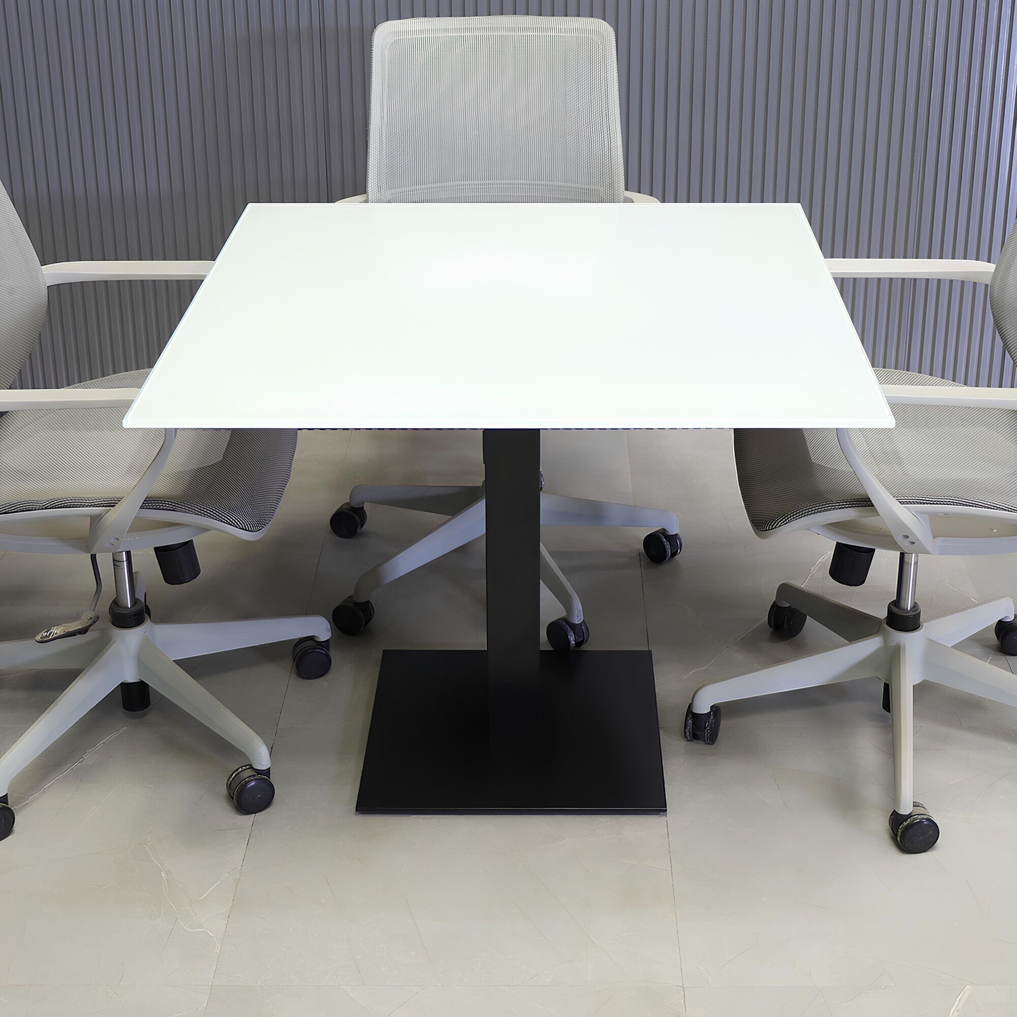 36-inch California Square Conference Table with 1/2-inch White tempered glass top and black metal powder-coated base.