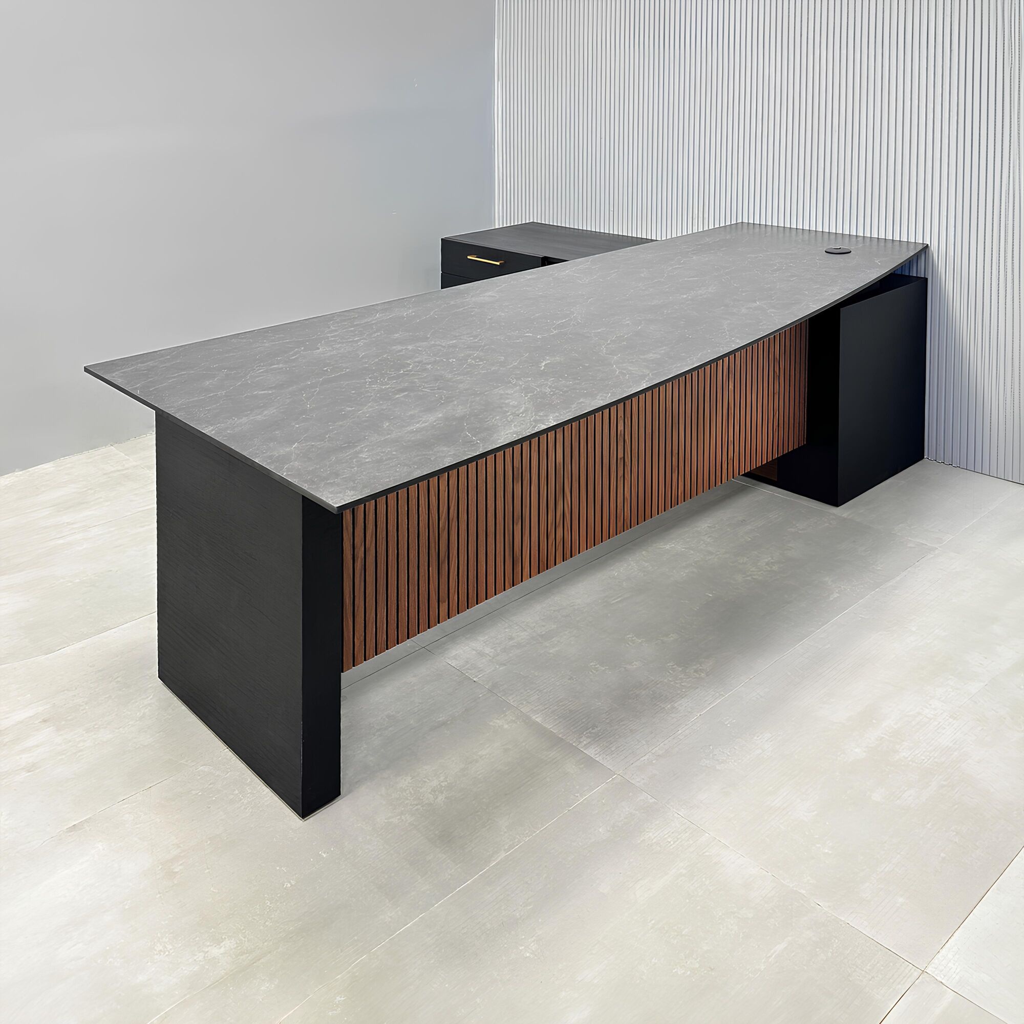 70-inch Avenue Curved Executive Desk With Credenza and Engineered Surface Top with a black amani engineered surface top, ebony wood veneer base & credenza, and walnut with black background tambour privacy panel.