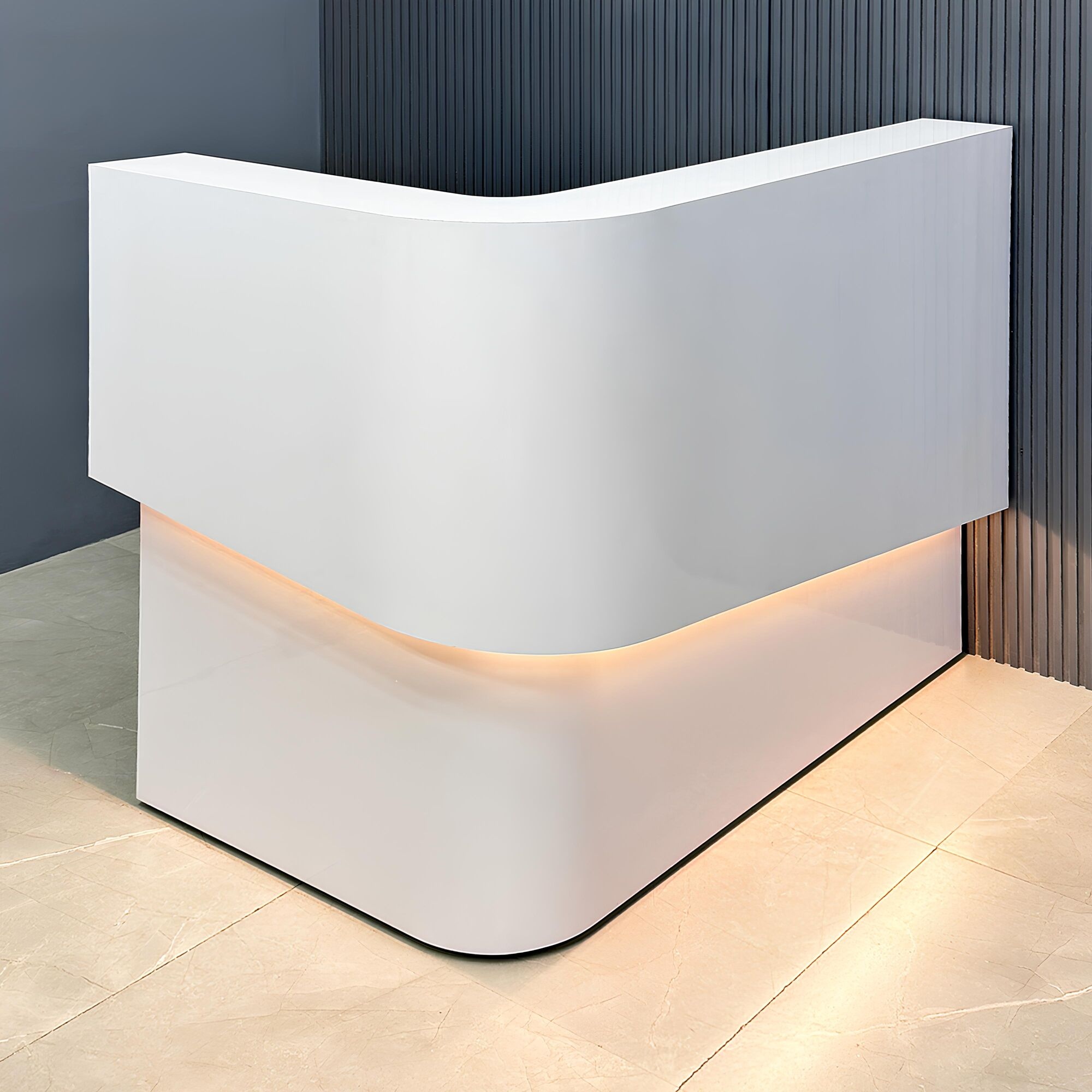 Nola L-Shape Curved Custom Reception Desk in white gloss laminate finish and White LED.