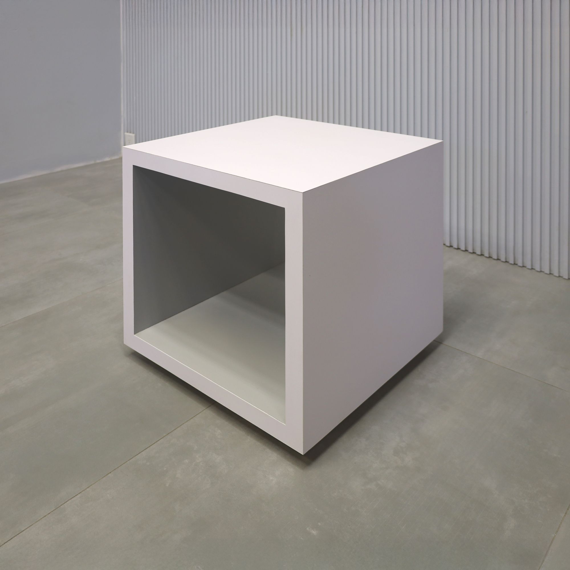 20x20"SQ Albany Square Side Table with white matte laminate table finish, and fog gray matte laminate inside finish.