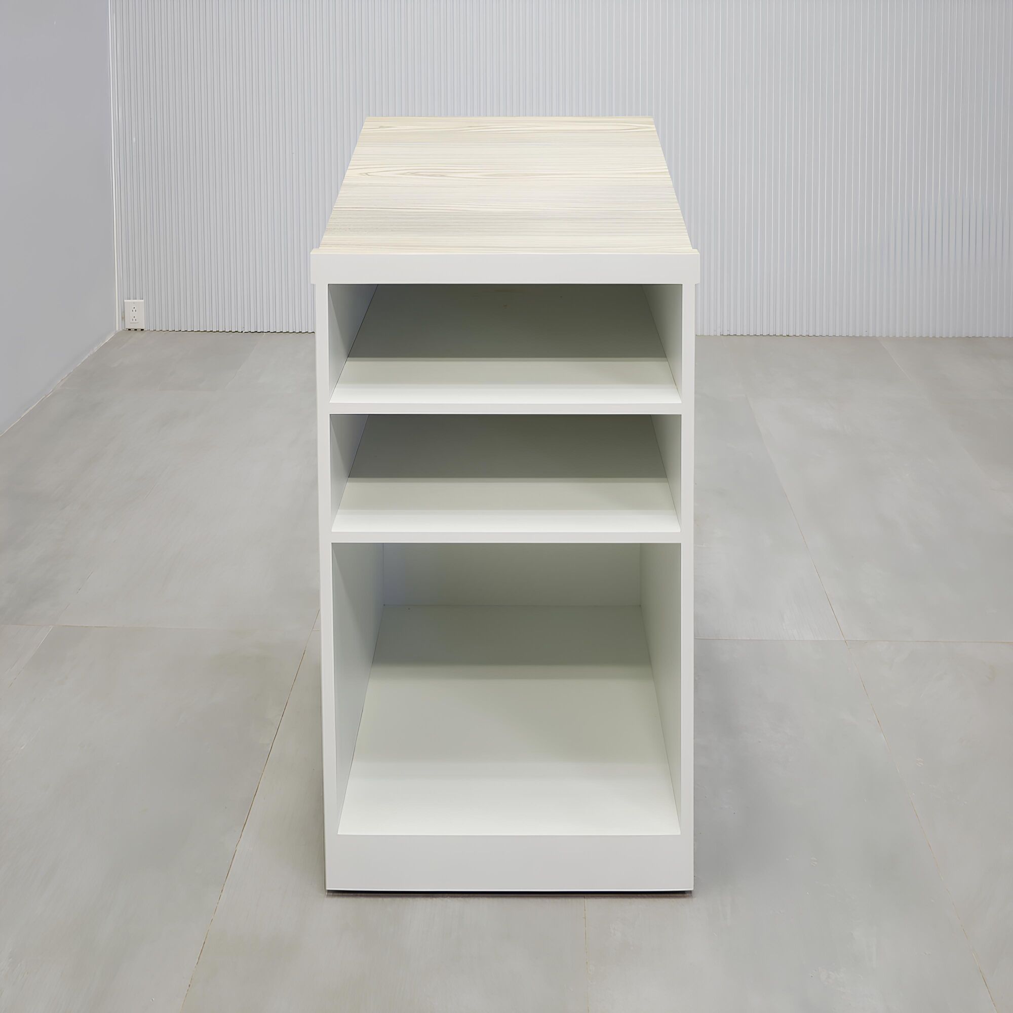 24-inches New Lectern Podium & Host Desk with gray oak PVC outside desk, white liner inside desk, and casters.