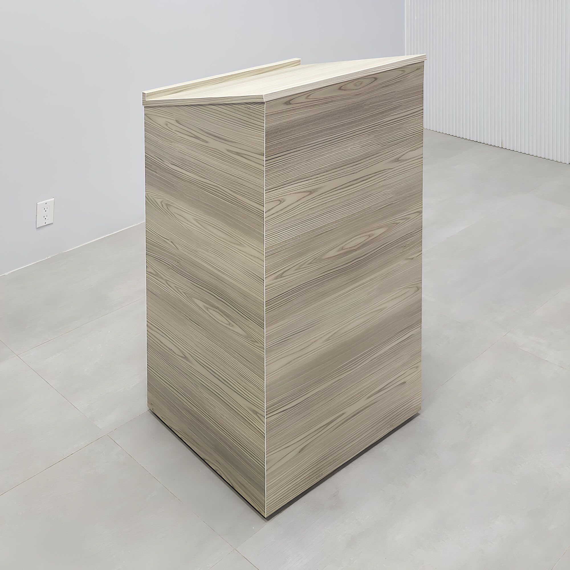 24-inches New Lectern Podium & Host Desk with gray oak PVC outside desk, white liner inside desk, and casters.