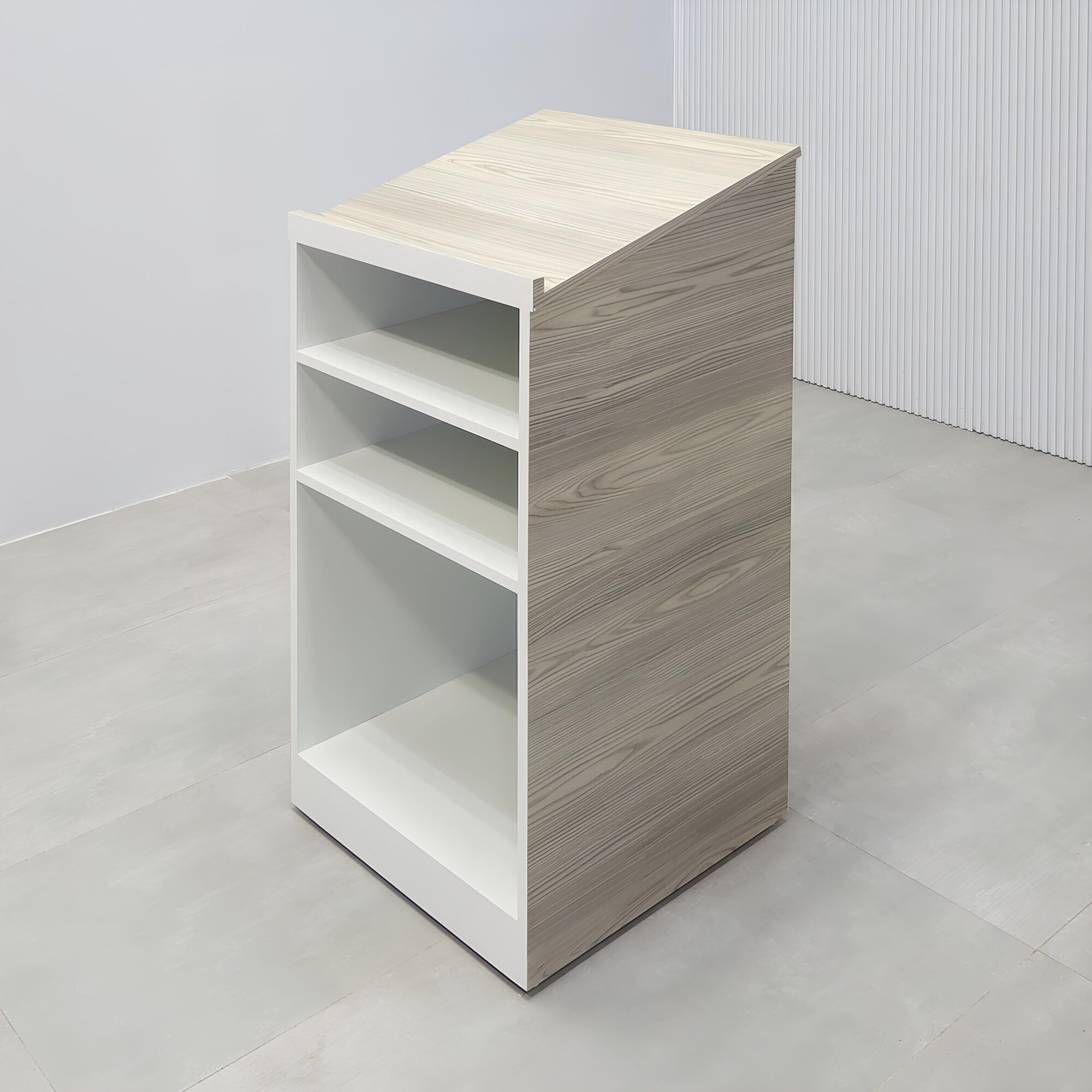 24-inches New Lectern Podium & Host Desk with gray oak PVC outside desk, white liner inside desk, and casters.