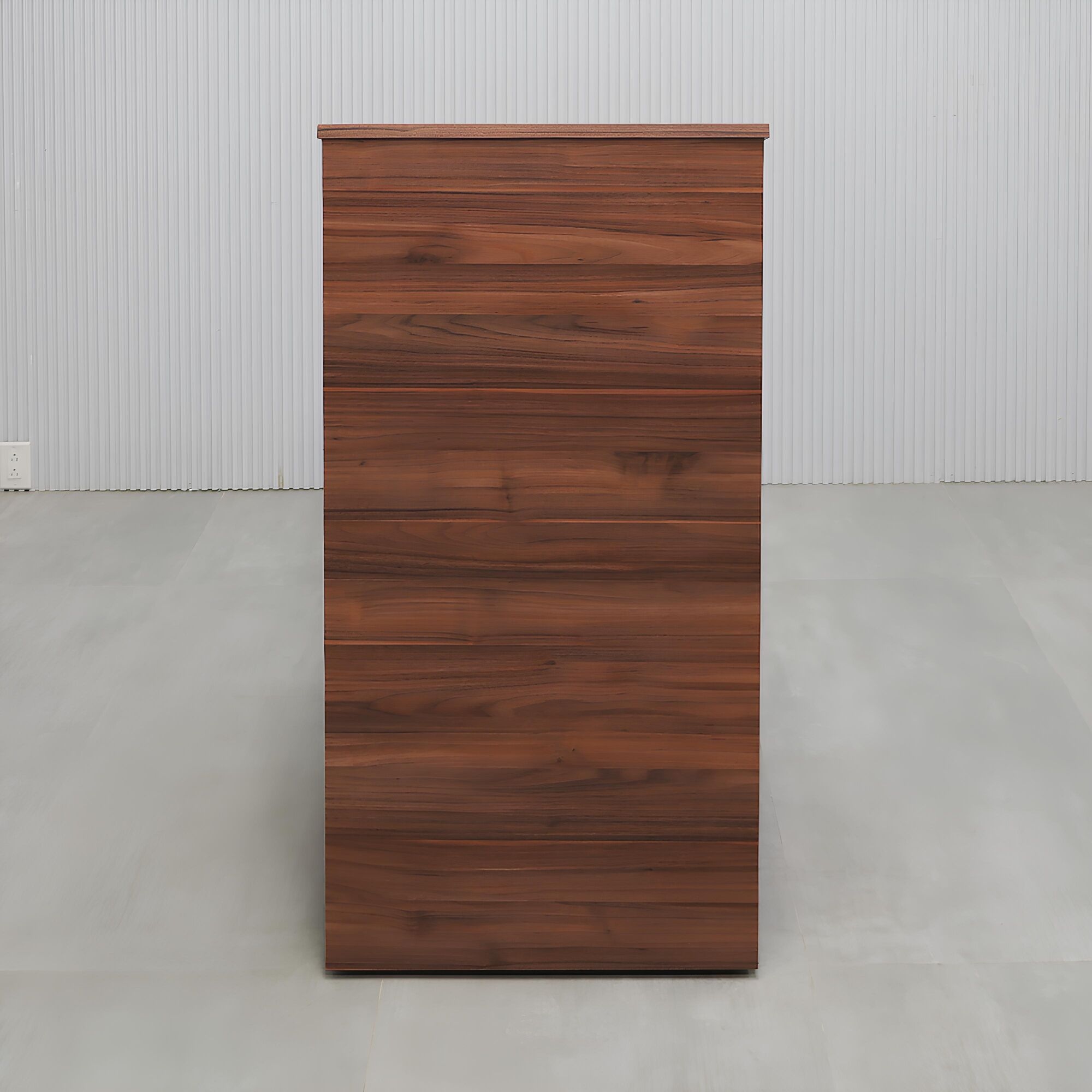 24-inch New lectern Podium & Host Desk with walnut amber PVC outside desk, black liner inside desk, and casters.