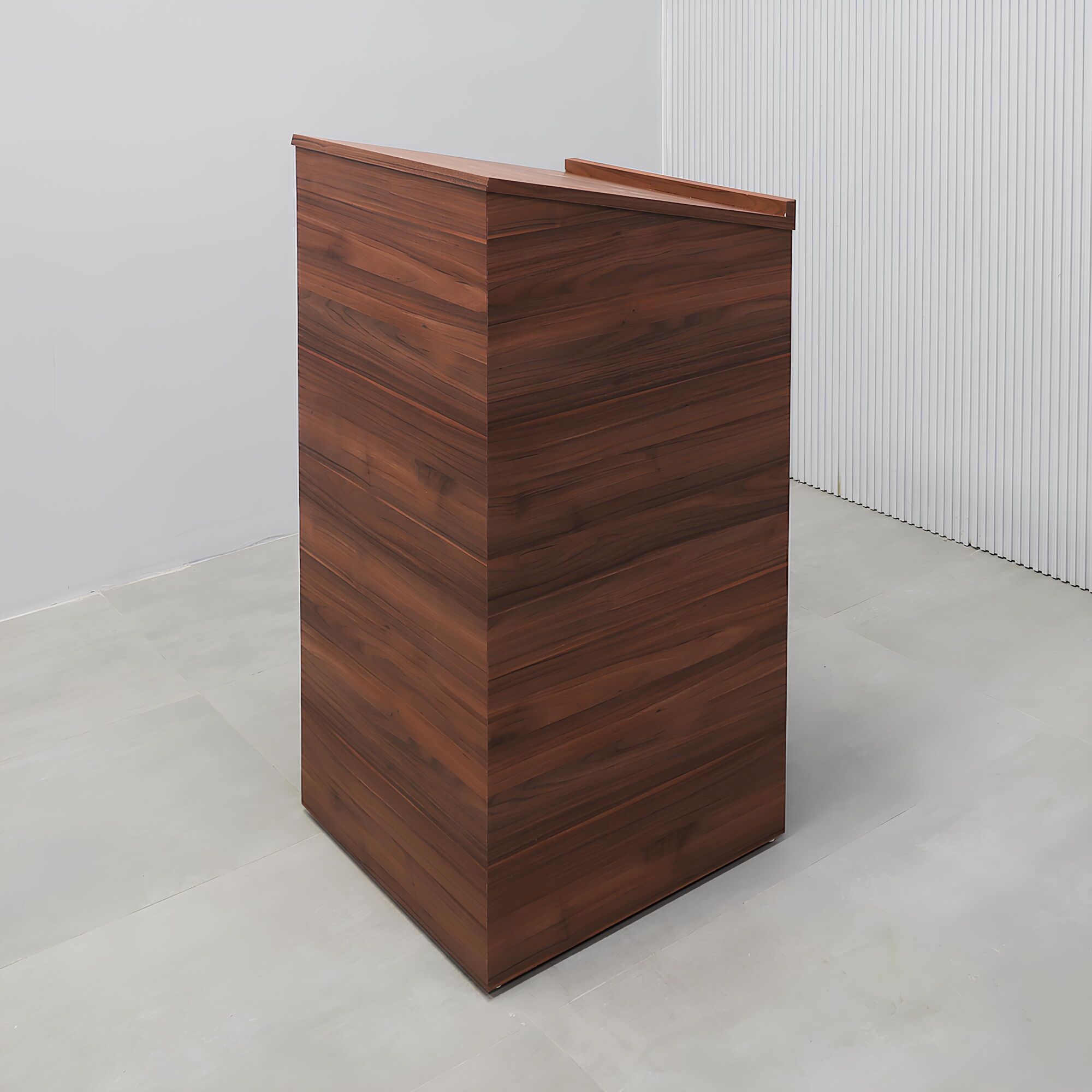 24-inch New lectern Podium & Host Desk with walnut amber PVC outside desk, black liner inside desk, and casters.