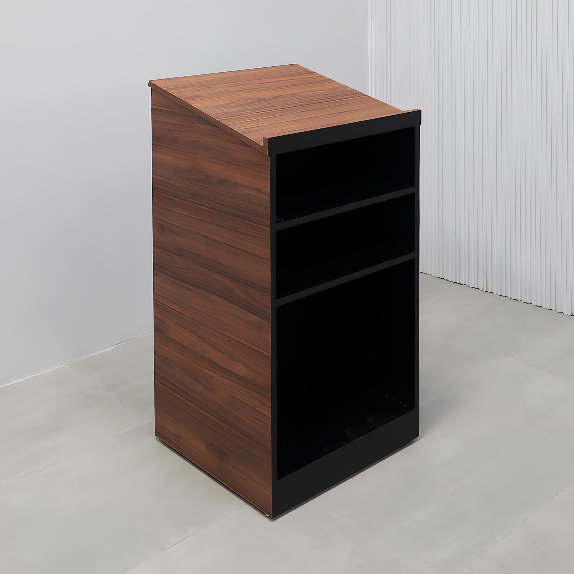 24-inch New lectern Podium & Host Desk with walnut amber PVC outside desk, black liner inside desk, and casters.