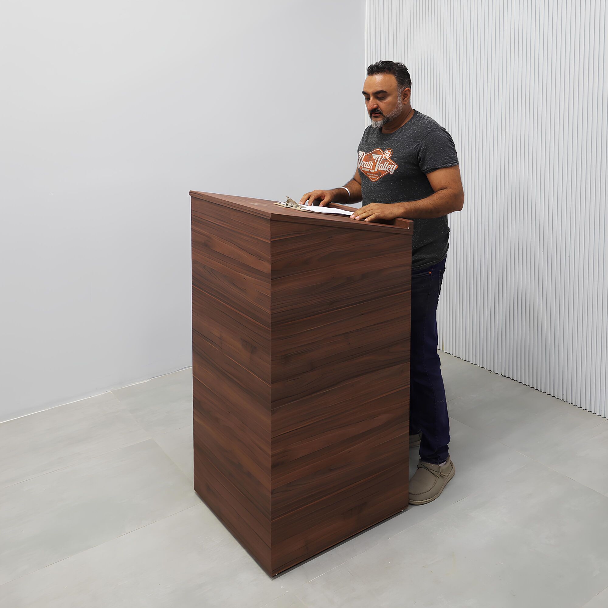 24-inch New lectern Podium & Host Desk with walnut amber PVC outside desk, black liner inside desk, and casters.
