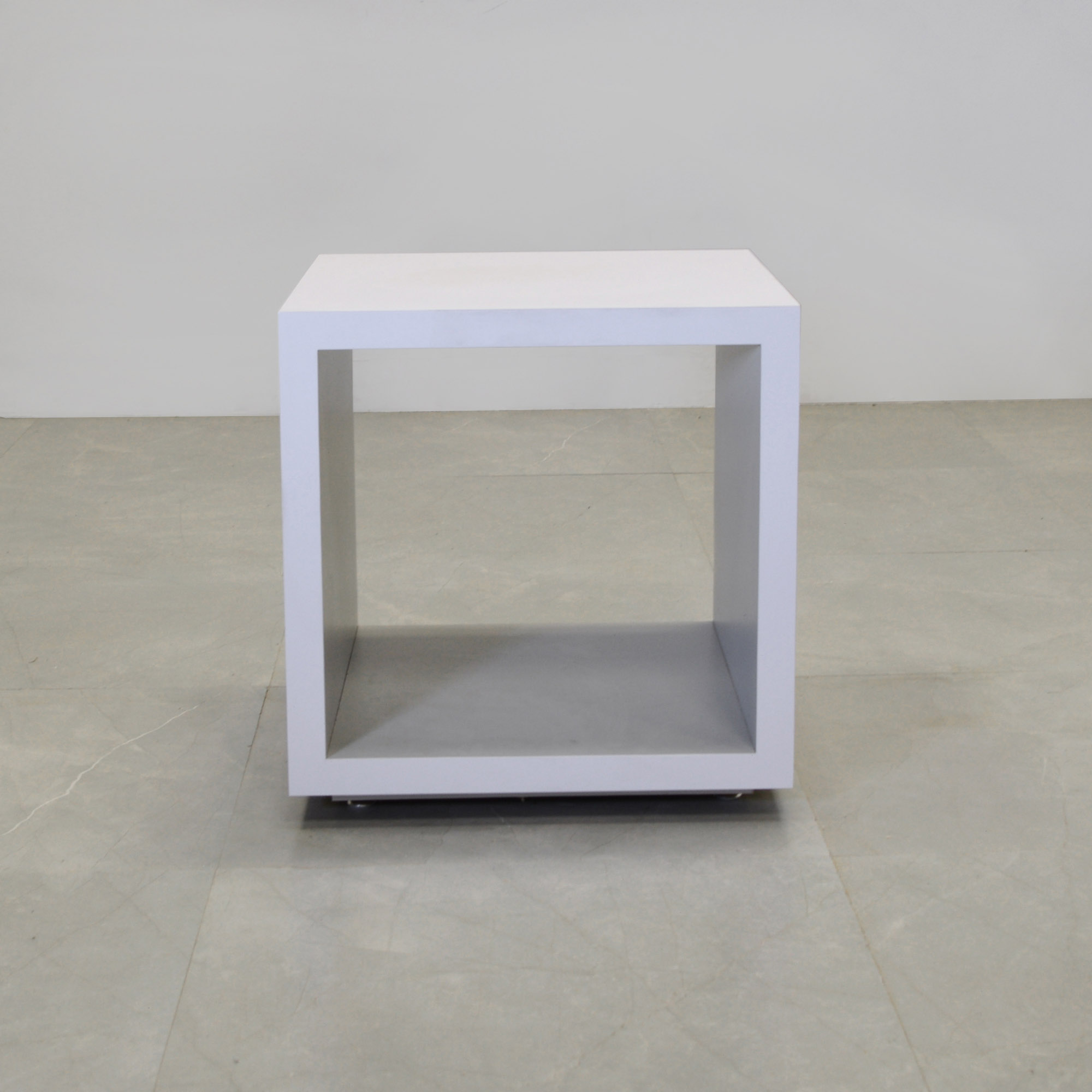 Albany Square Side Table in white matte laminate shown here.