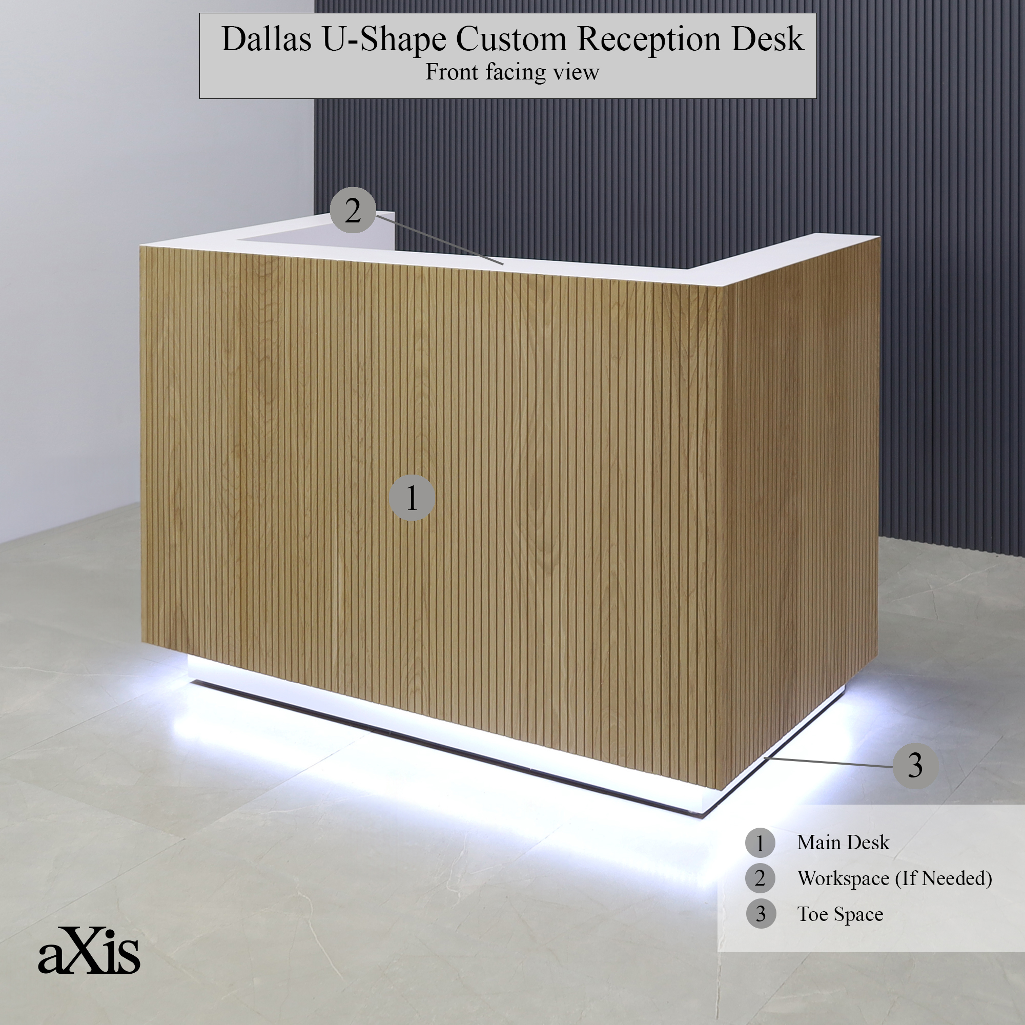Dallas U-Shape Custom Reception Desk in white oak tambour main desk, white matte workspace and brushed aluminum toe-kick, with white LED shown here.