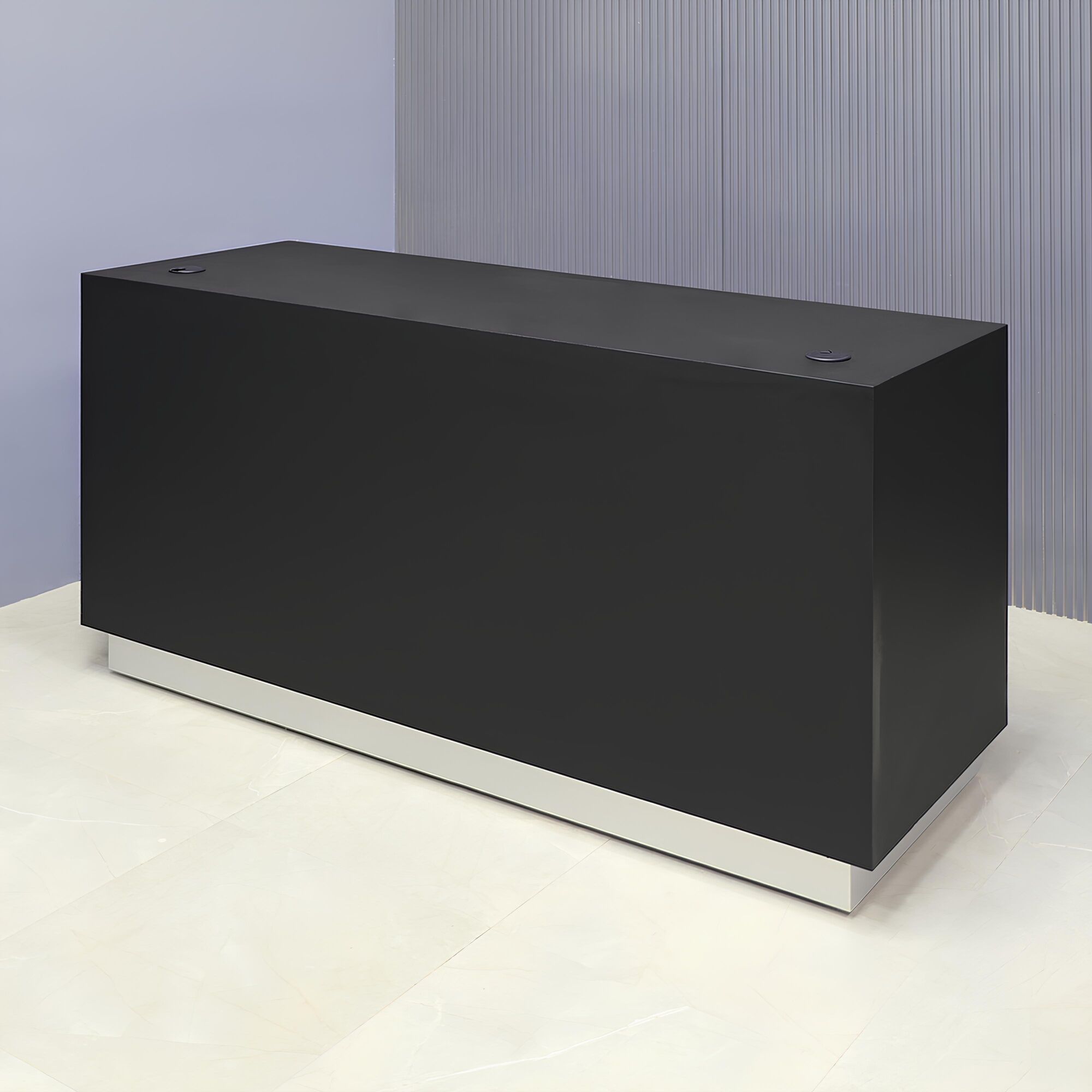 72-inch Houston Retail Custom Reception Desk in black traceless laminate main desk and brushed aluminum toe-kick.