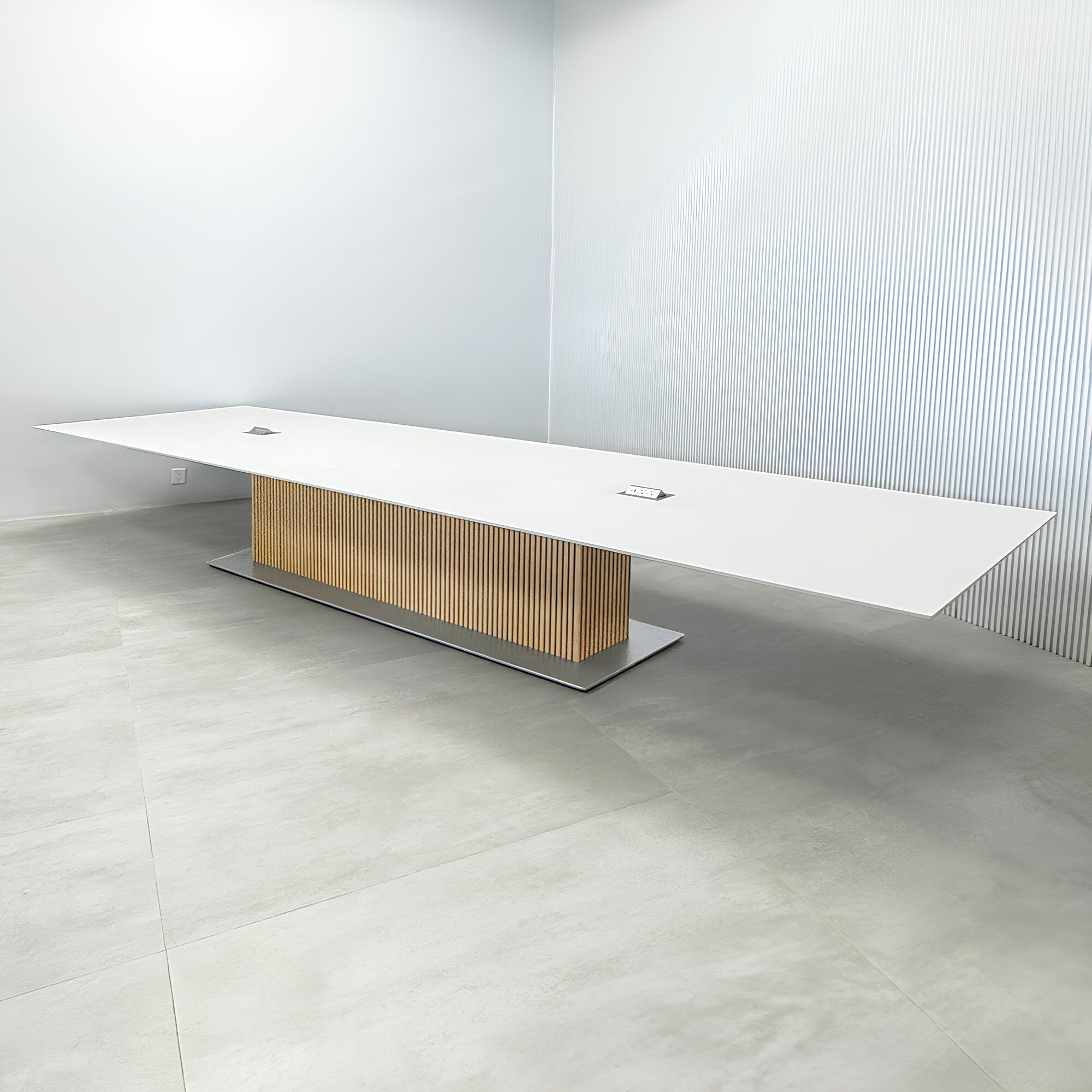 180-inch Aurora Rectangular Conference table with X3 Base with white solid engineered surface top, white oak tambour pedestal, metal powder-coated silver base, and silver MX3 power box.