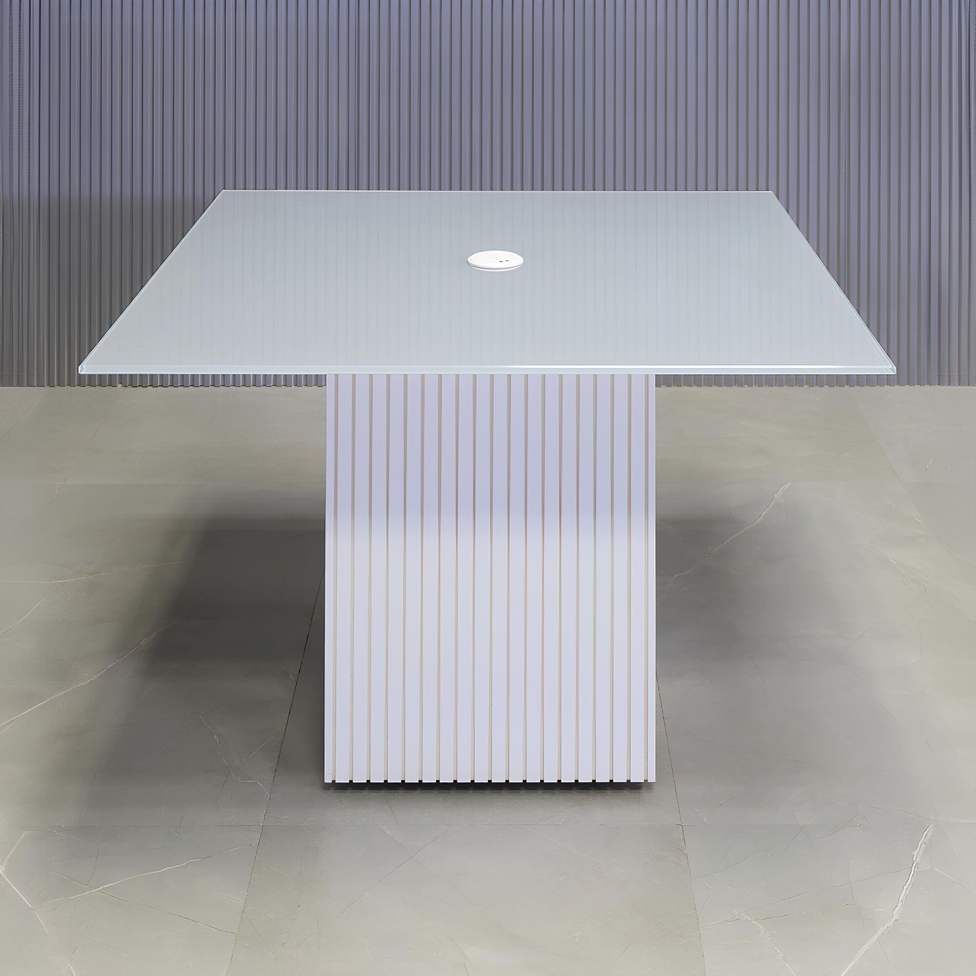 42-inch Omaha Square Conference Table in 1/2-inch light gray tempered glass top and white gloss tambour base, with white MX1 power box.