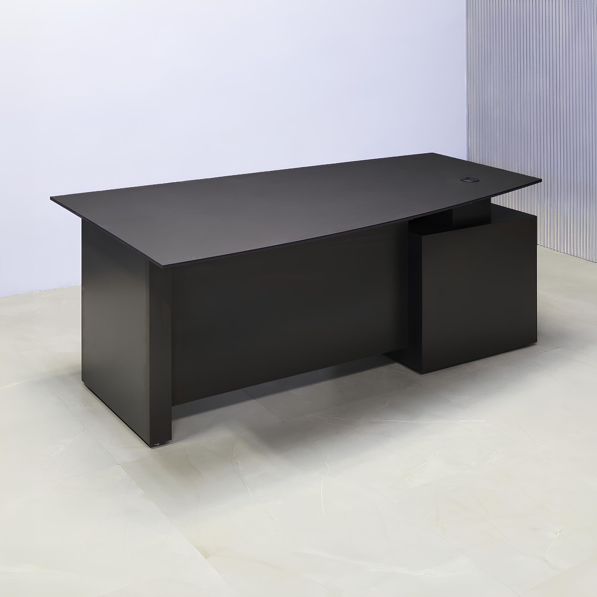 72-inch Avenue Curved Executive Desk with black traceless engineered surface top, graphite matte laminate base, storage & privacy panel.