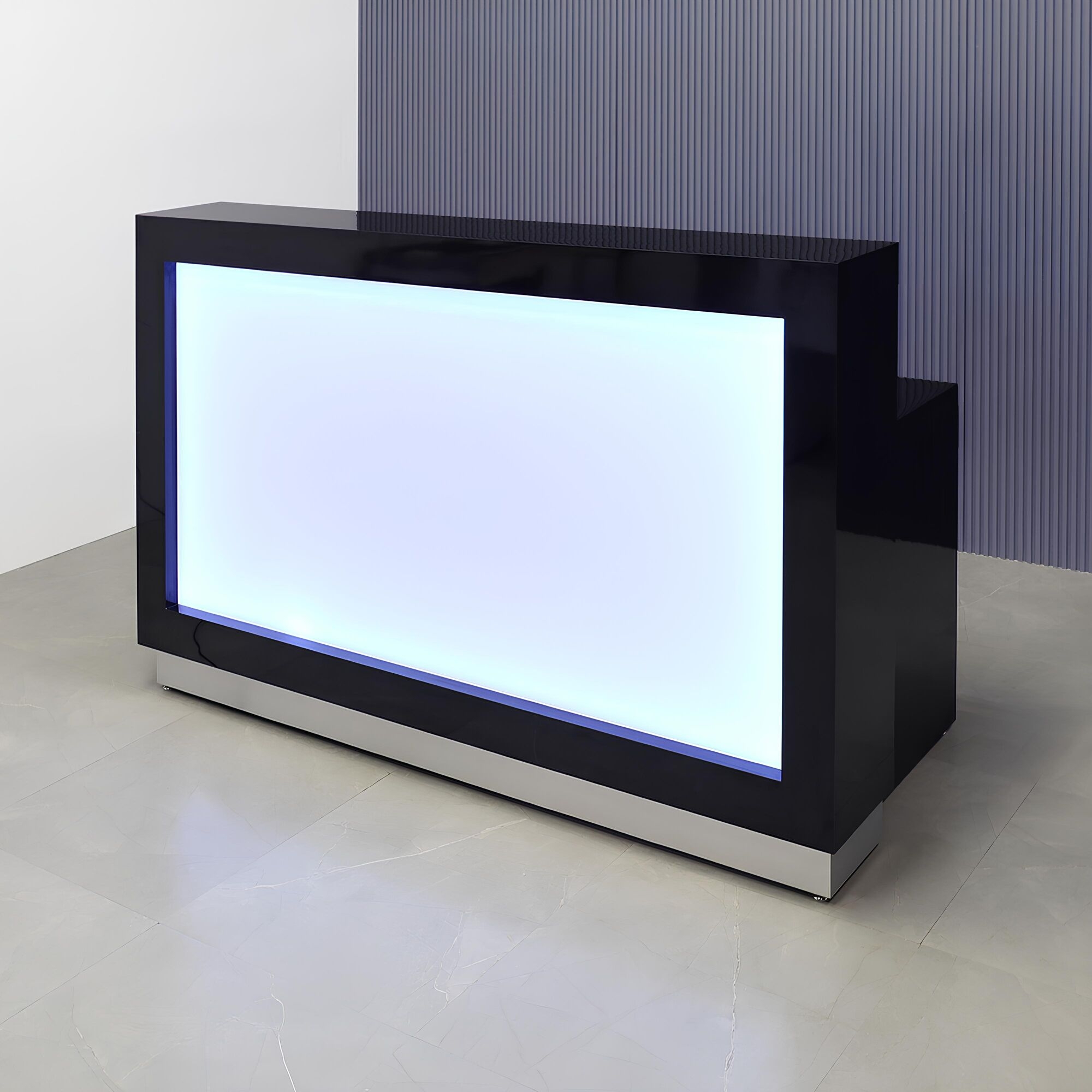 72-inch Vegas Custom Reception Desk in black gloss laminate counter and desk, with multi-colored LED, shown here.