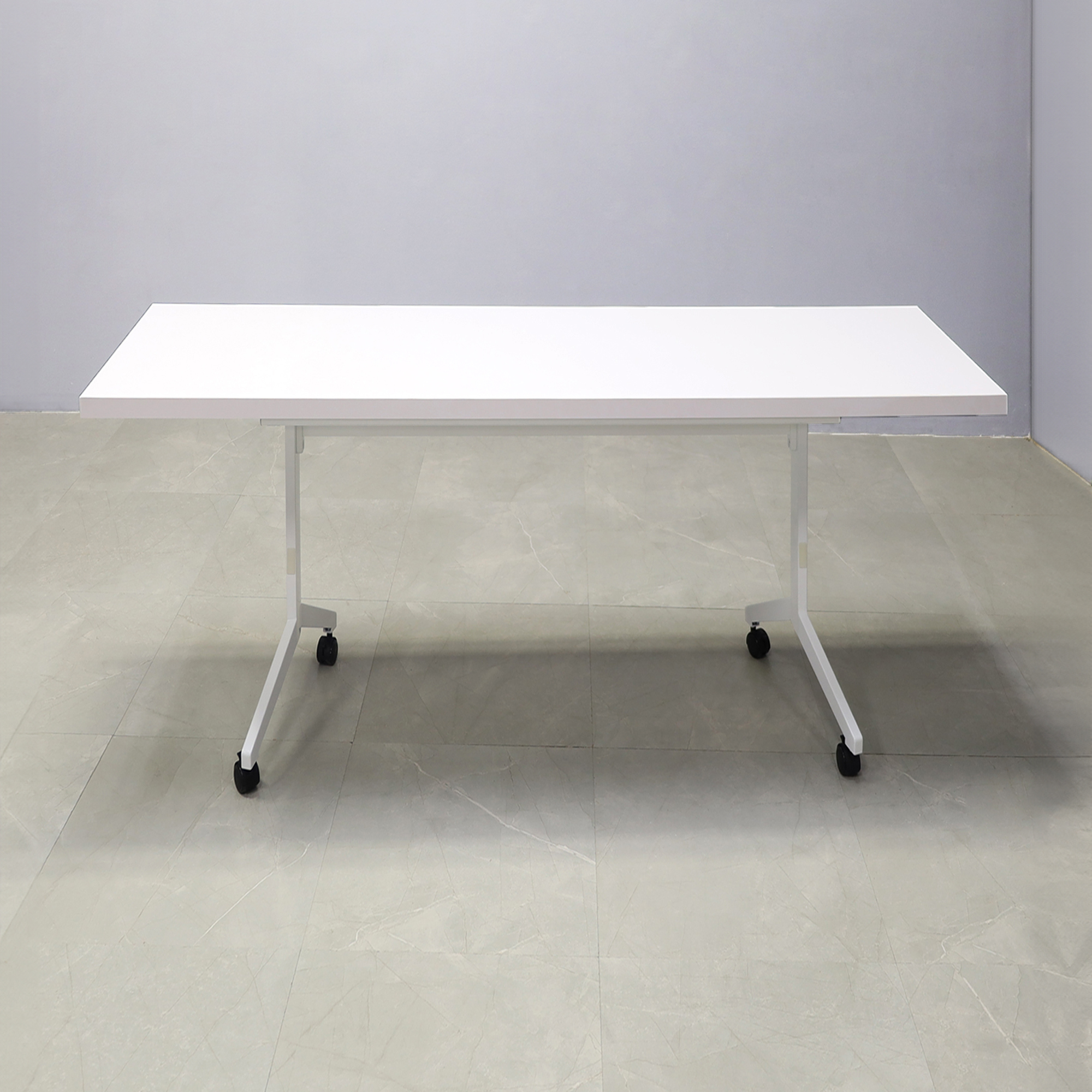 84-inch Westin Rectangular Training Table in white matte laminate top and white frame, shown here.