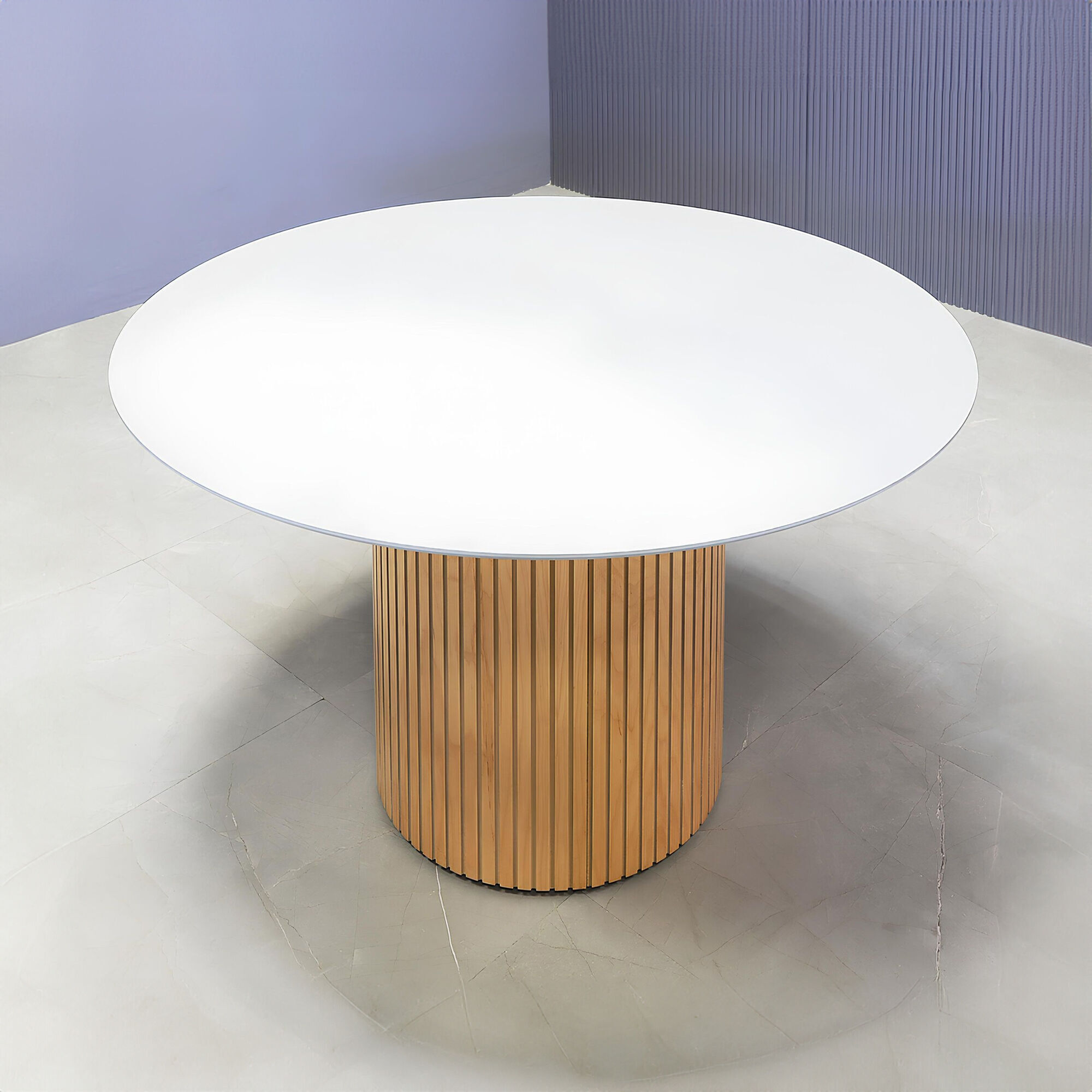 50-inch Aurora Round Conference Table with light gray traceless engineered stone top, and white oak tambour base.